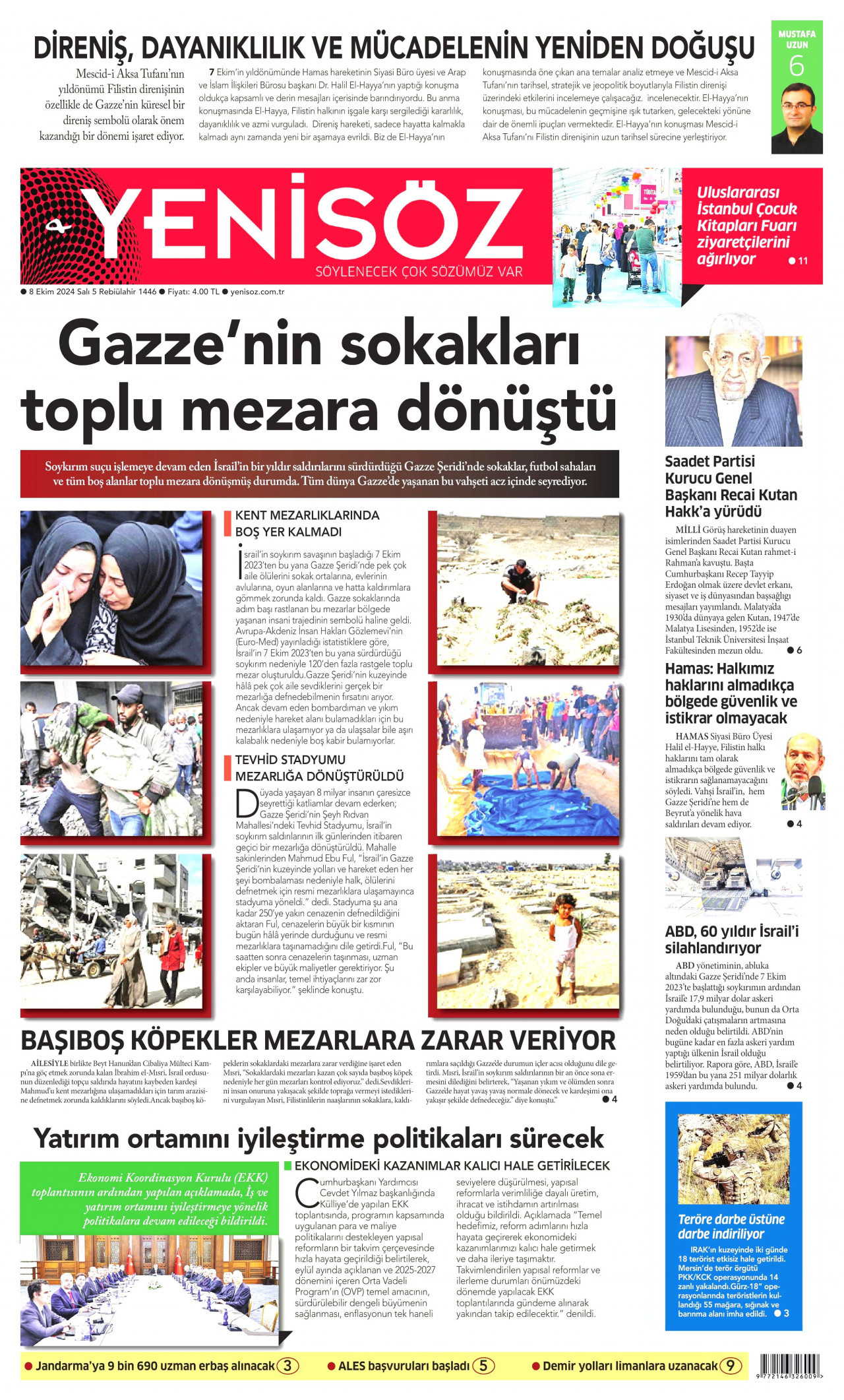 YENİ SÖZ GAZETESİ gazetesinin 8 Ekim 2024 tarihli birinci sayfası