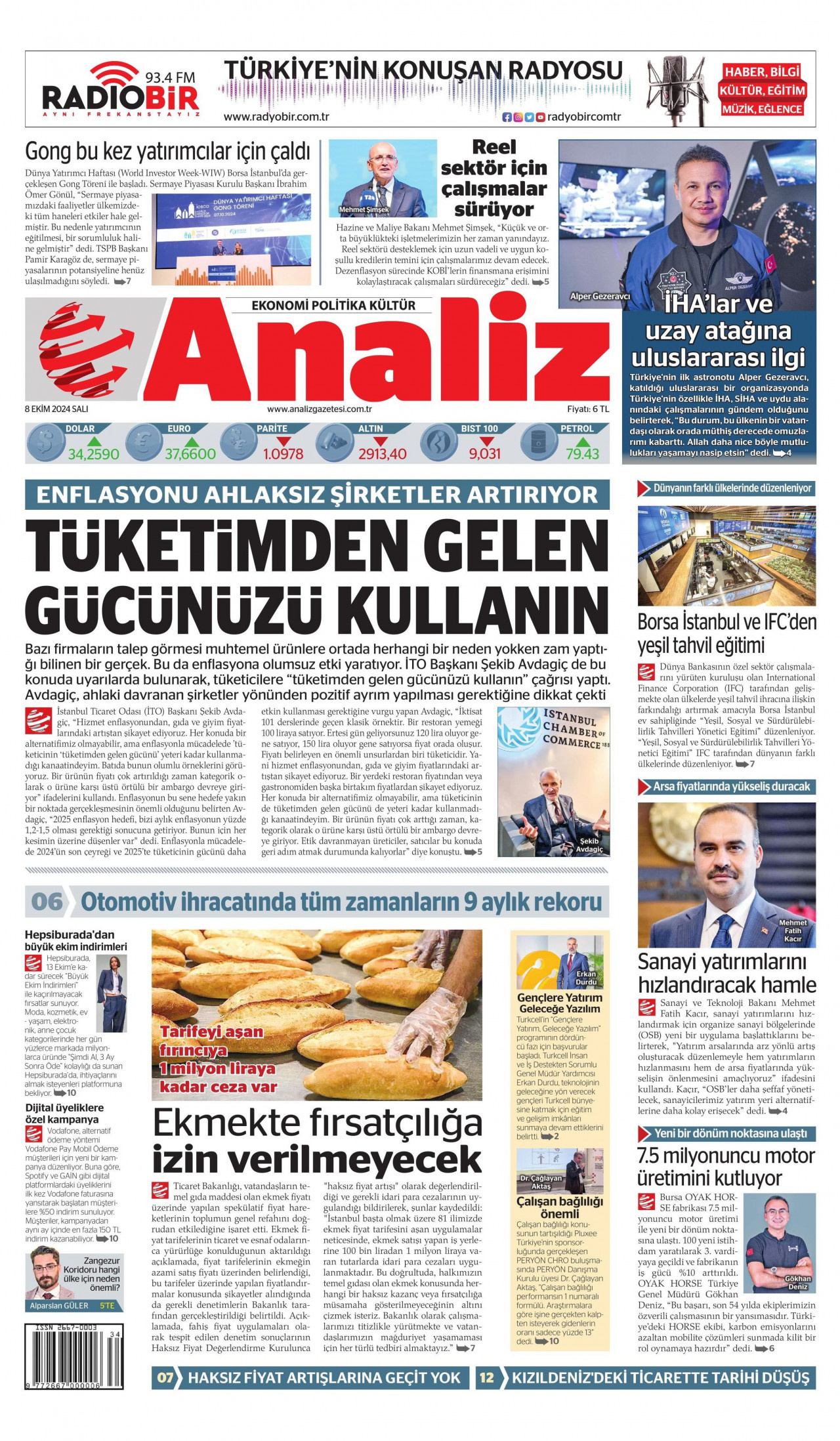 ANALİZ gazetesinin 8 Ekim 2024 tarihli birinci sayfası