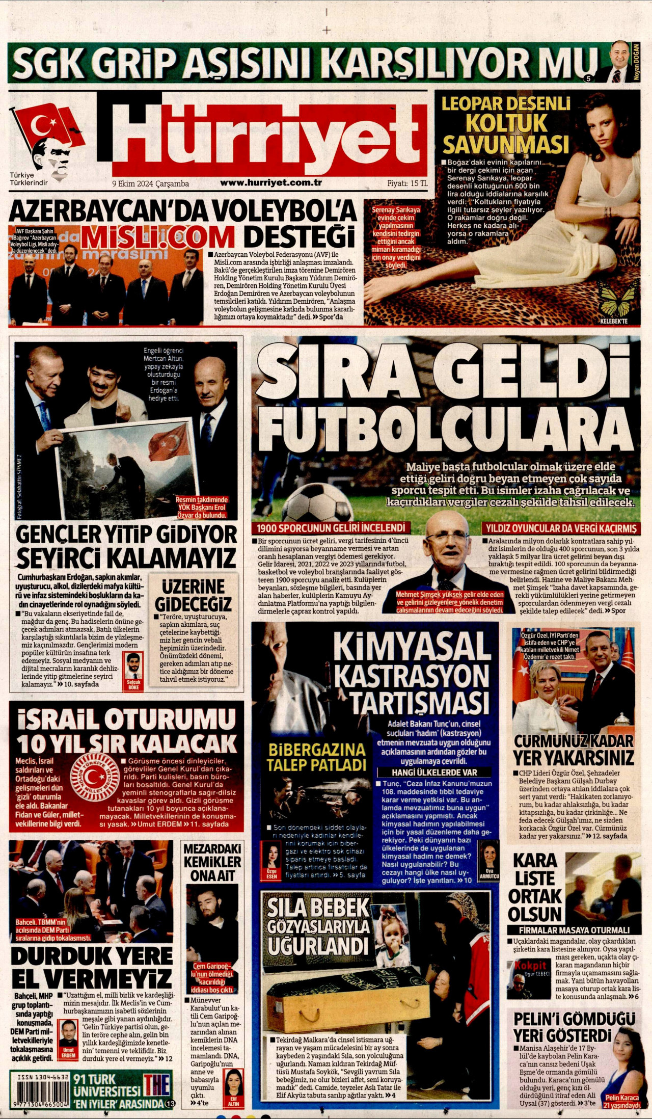HÜRRİYET gazetesinin 9 Ekim 2024 tarihli birinci sayfası