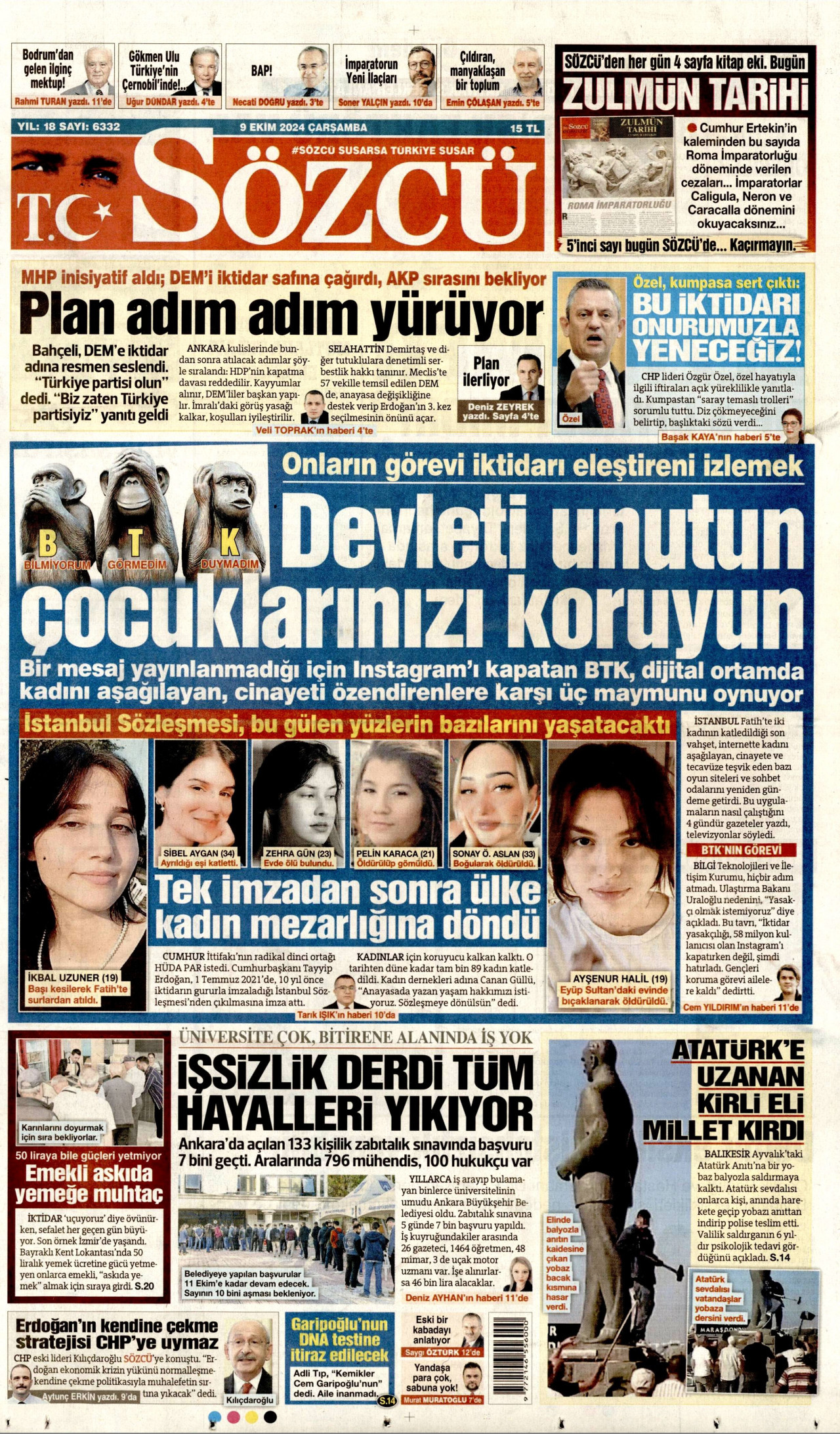 SÖZCÜ gazetesinin 9 Ekim 2024 tarihli birinci sayfası