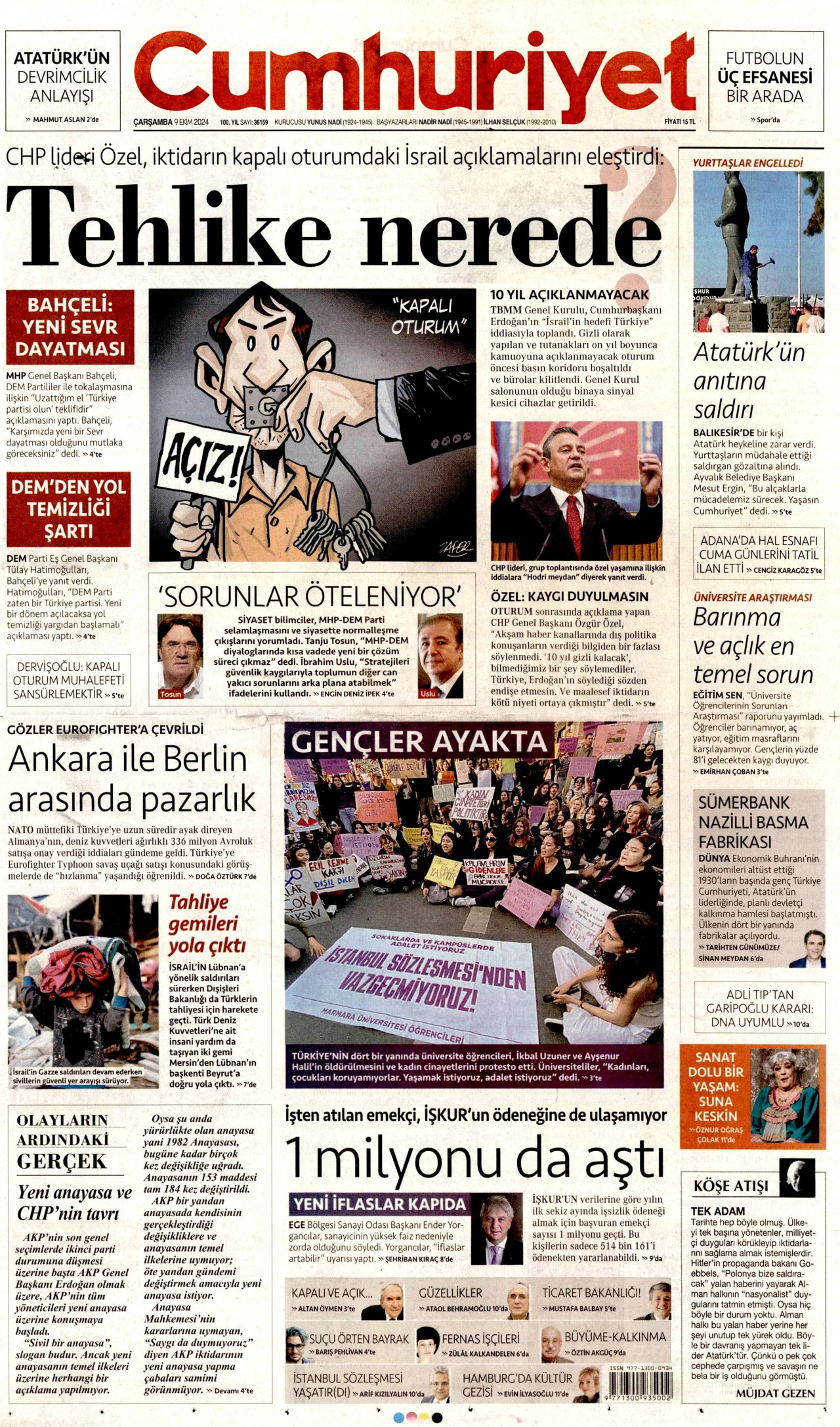CUMHURİYET gazetesinin 9 Ekim 2024 tarihli birinci sayfası