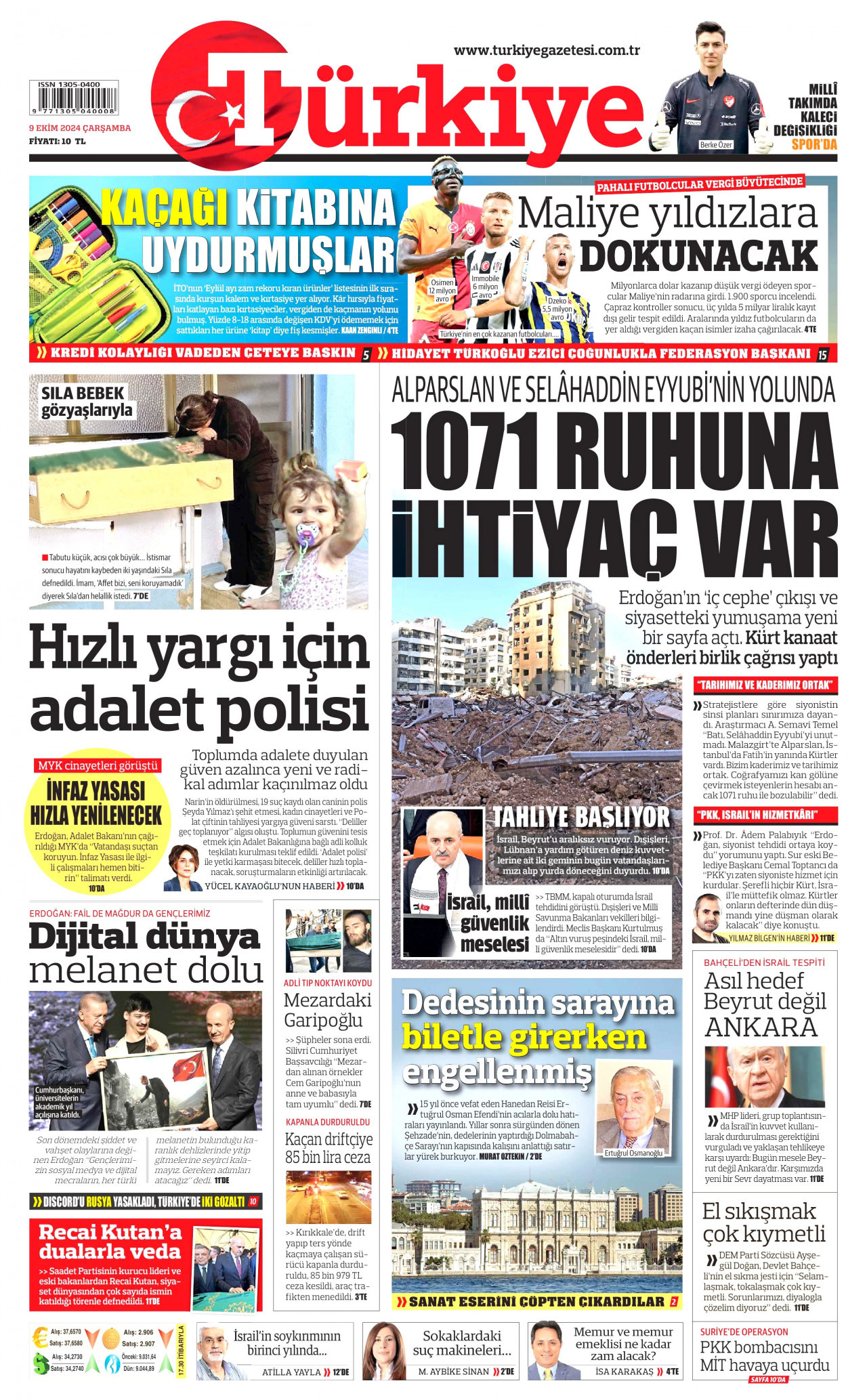 TÜRKİYE GAZETESİ gazetesinin 9 Ekim 2024 tarihli birinci sayfası