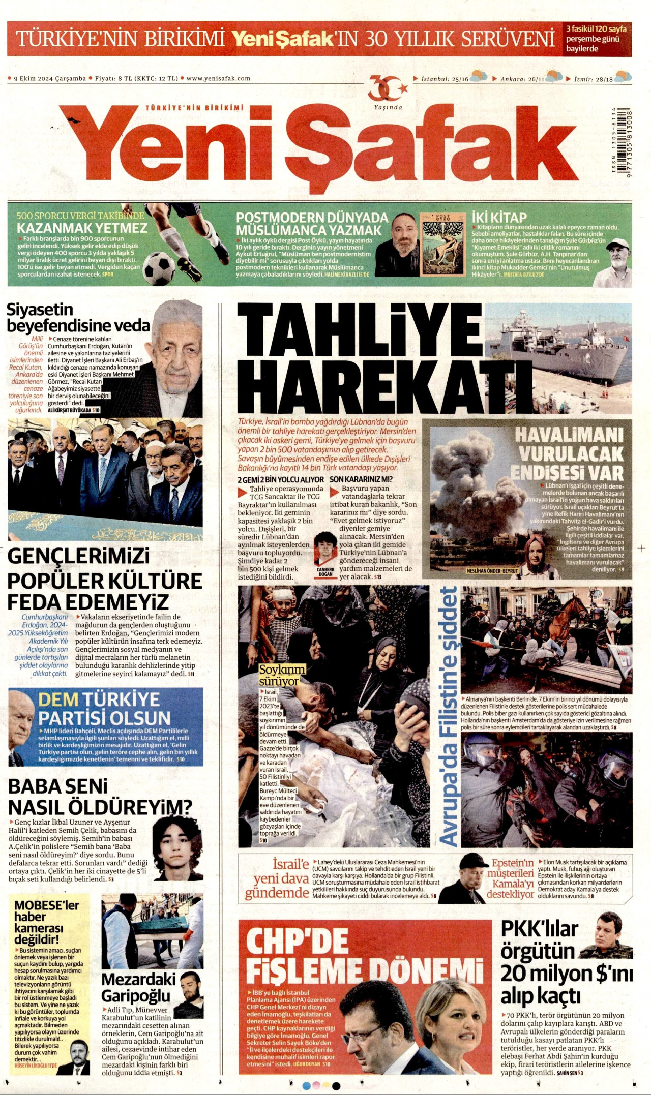 YENİ ŞAFAK gazetesinin 9 Ekim 2024 tarihli birinci sayfası