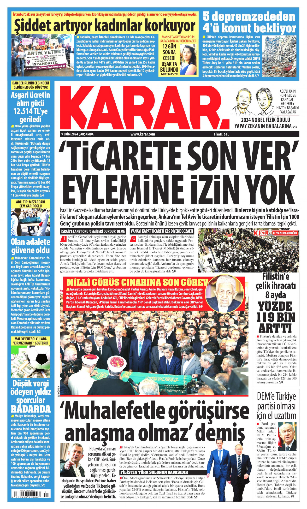 KARAR gazetesinin 9 Ekim 2024 tarihli birinci sayfası