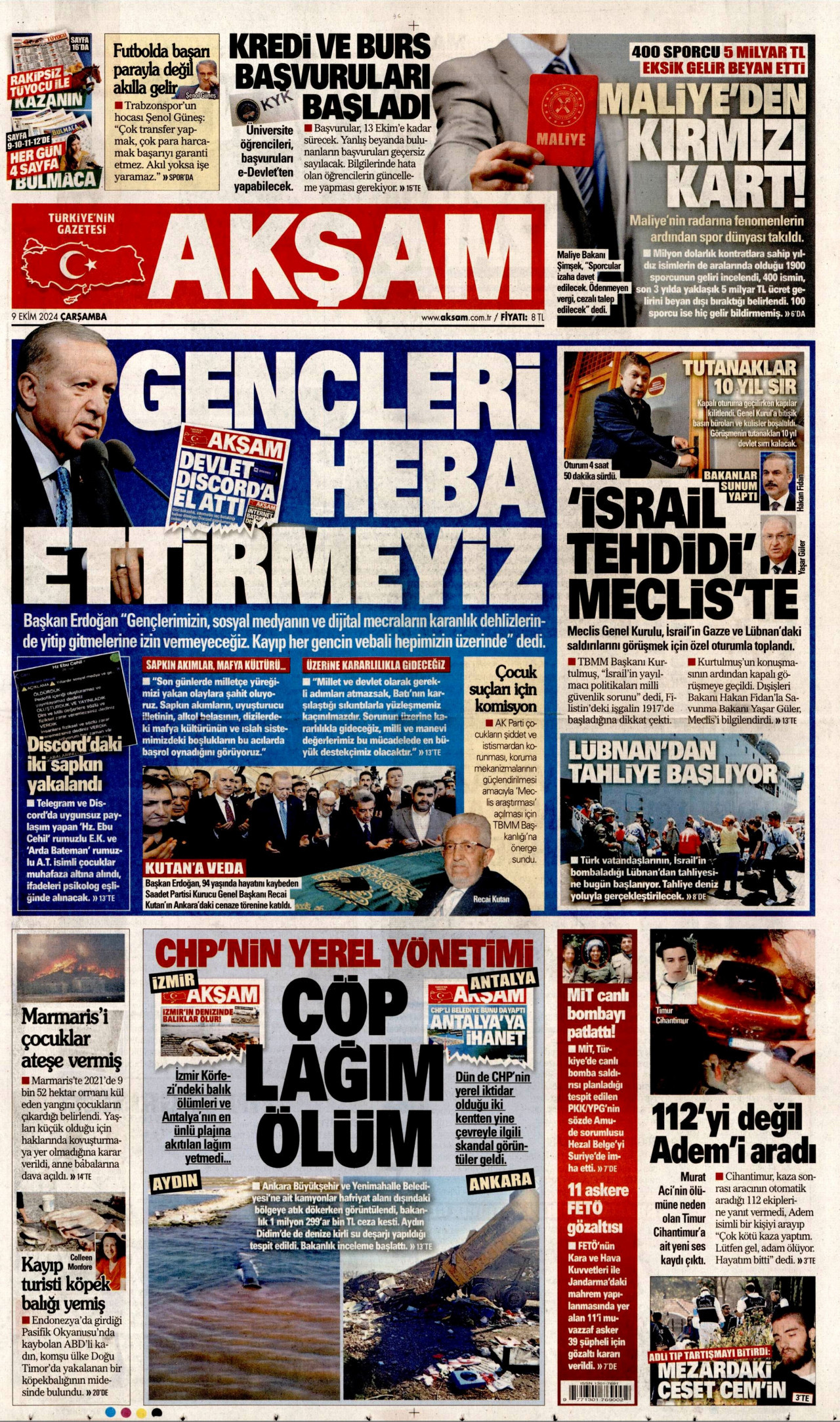 AKŞAM gazetesinin 9 Ekim 2024 tarihli birinci sayfası
