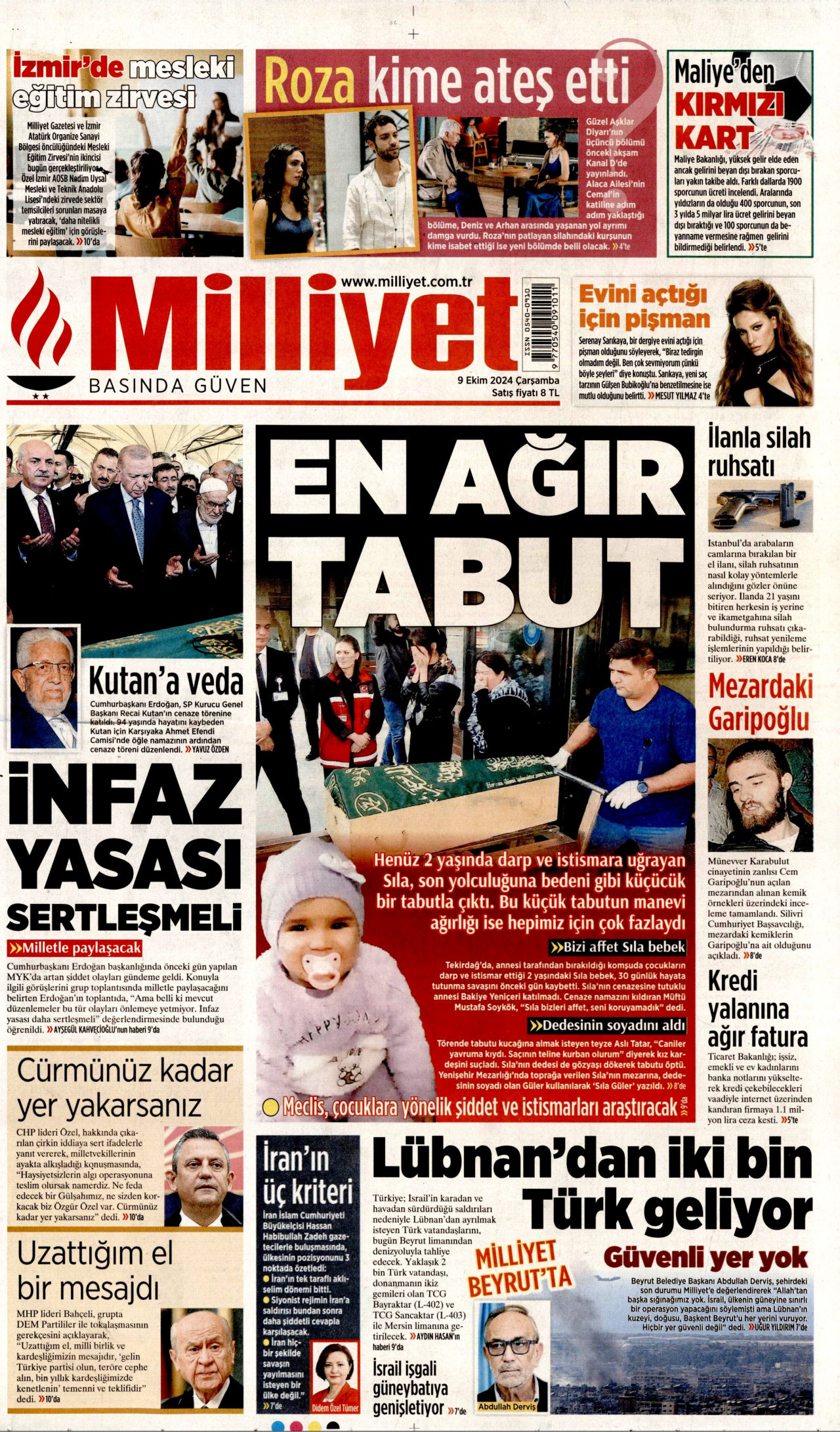 MİLLİYET gazetesinin 9 Ekim 2024 tarihli birinci sayfası