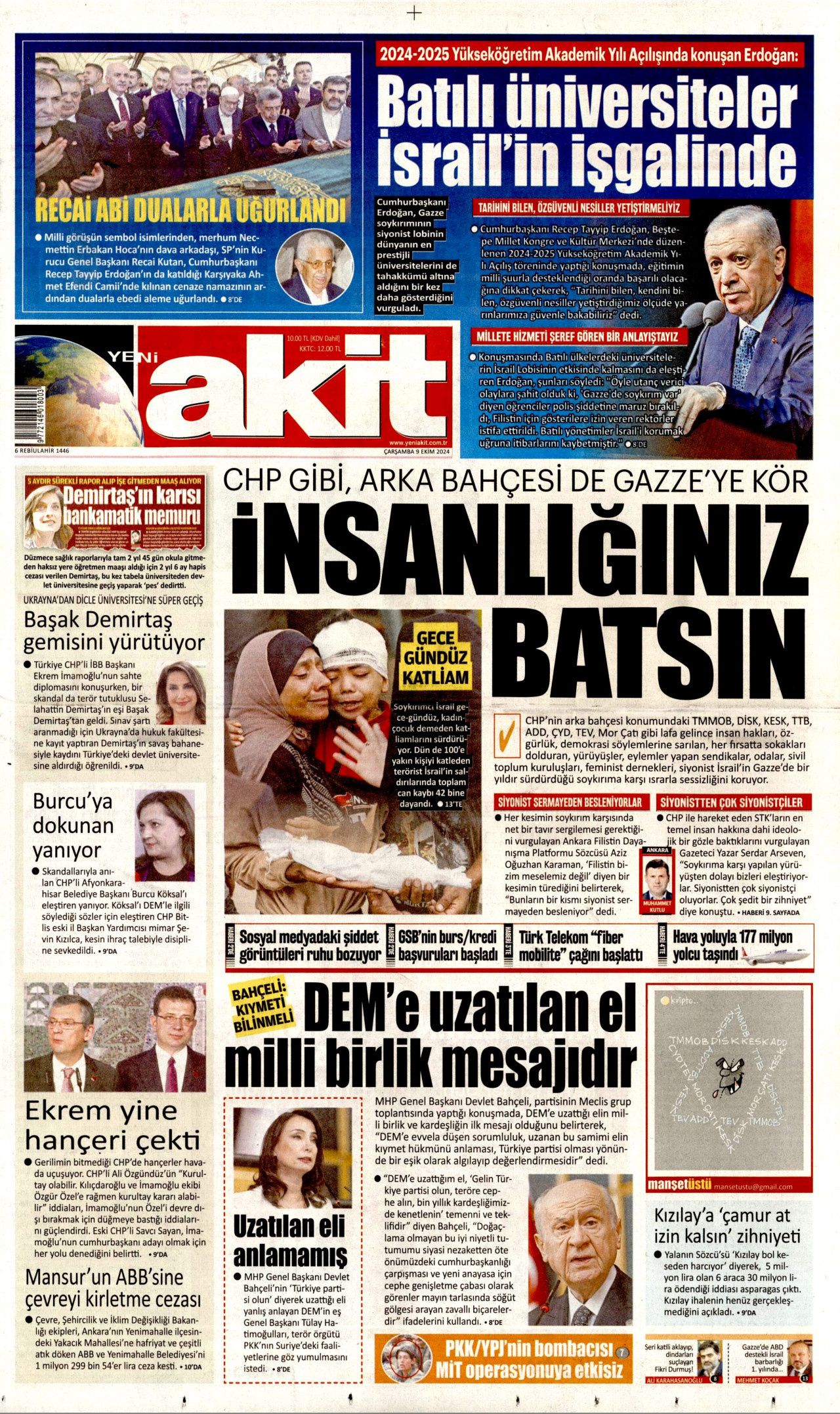 YENİ AKİT gazetesinin 9 Ekim 2024 tarihli birinci sayfası