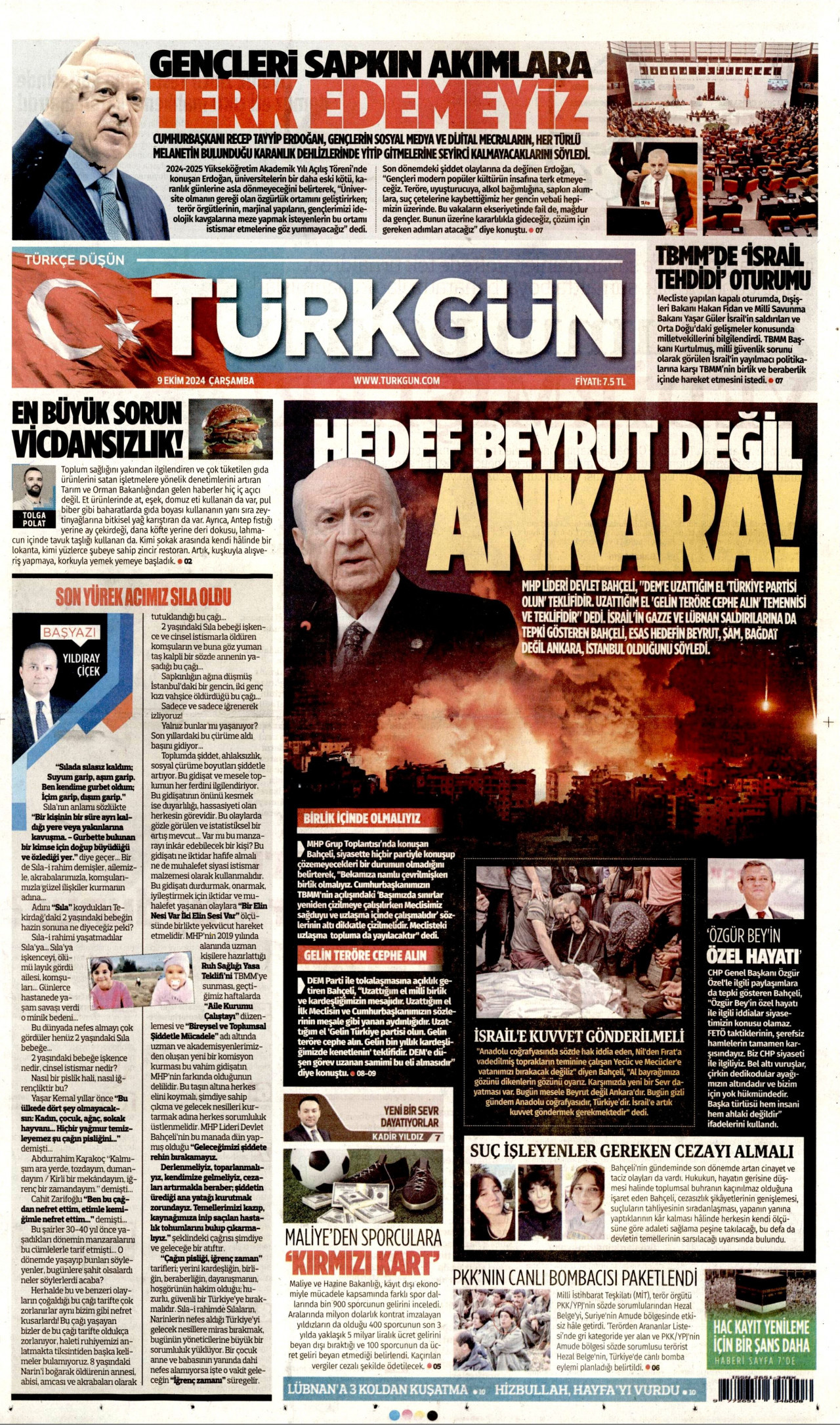 TÜRKGÜN gazetesinin 9 Ekim 2024 tarihli birinci sayfası