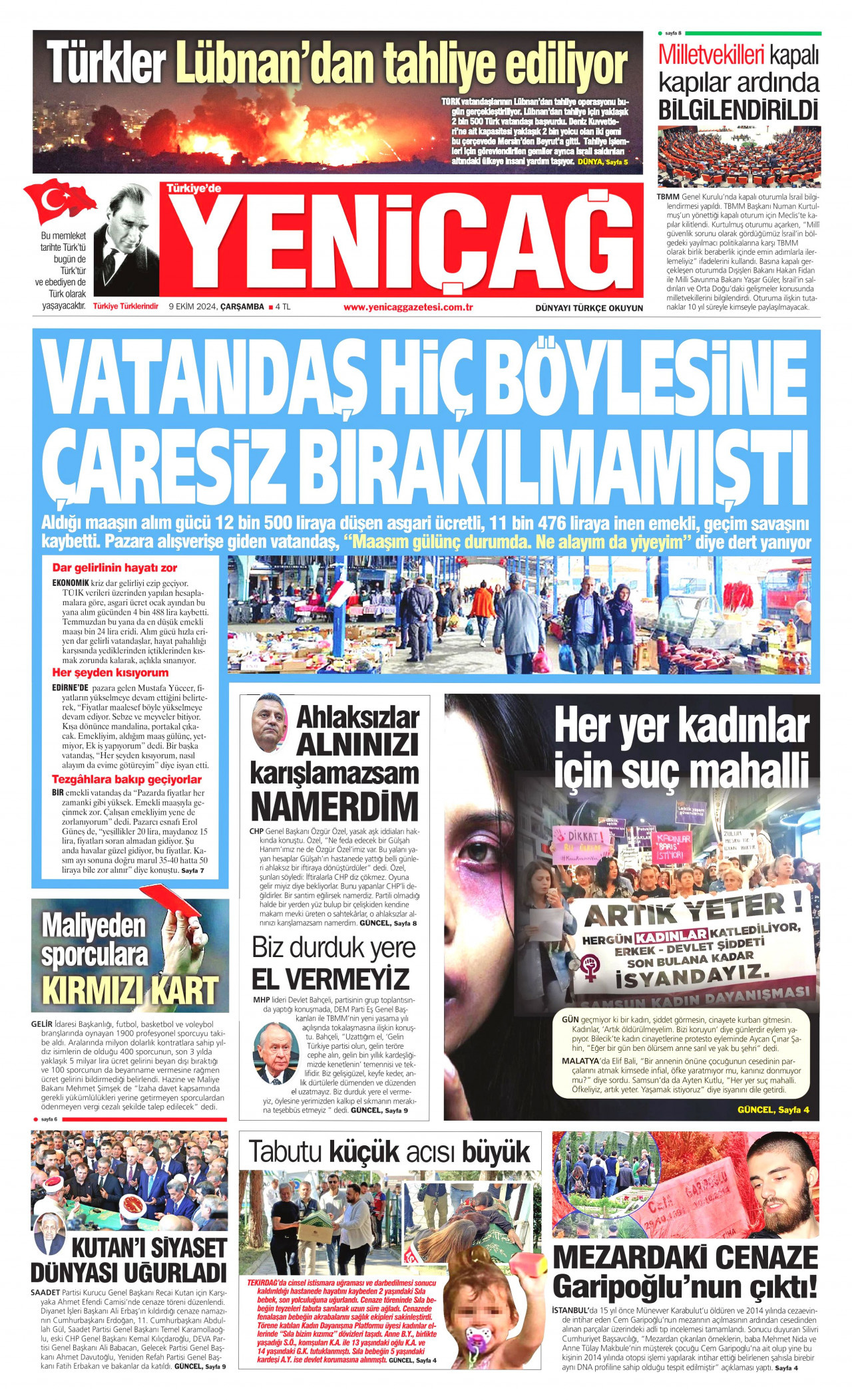 YENİÇAĞ gazetesinin 9 Ekim 2024 tarihli birinci sayfası