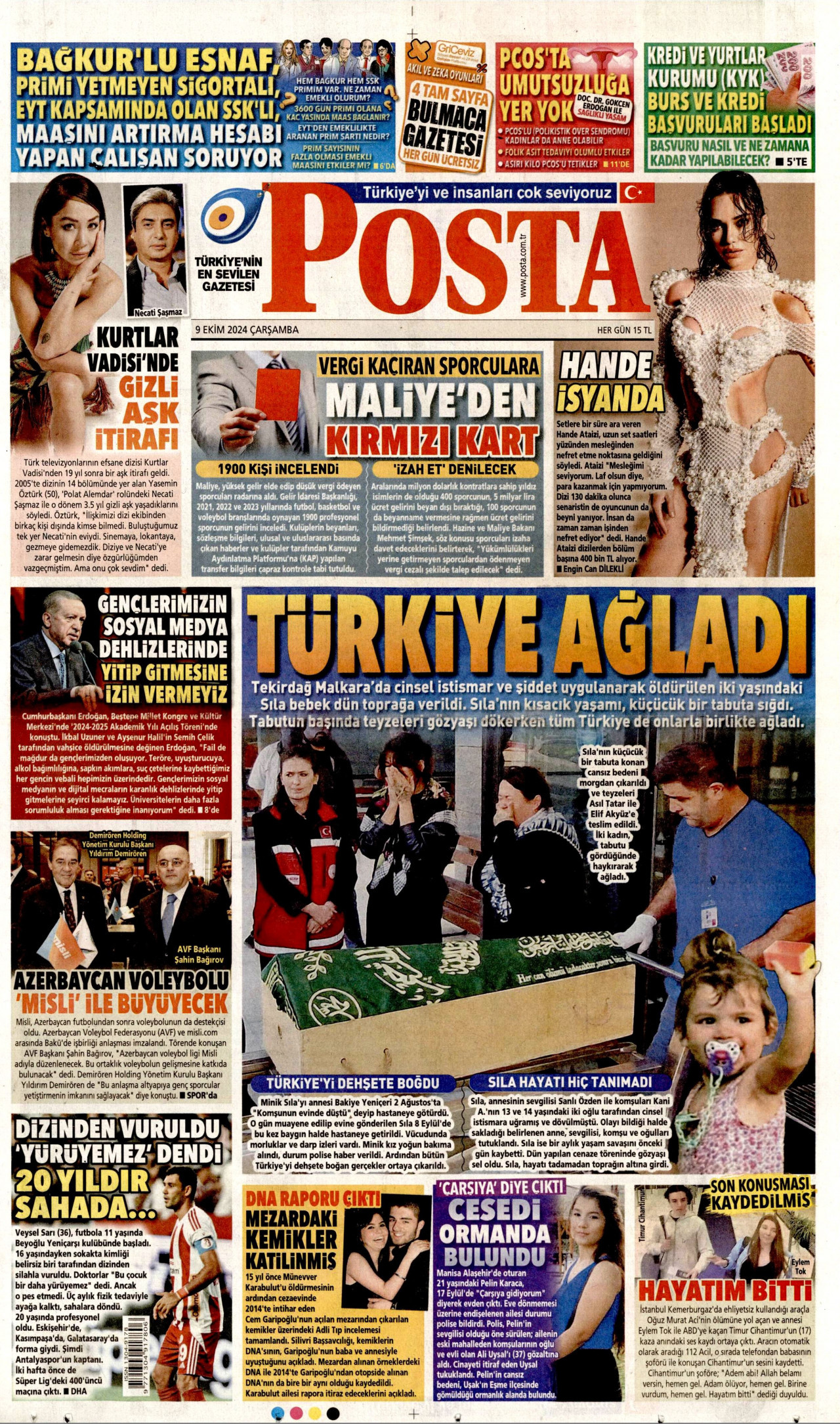 POSTA gazetesinin 9 Ekim 2024 tarihli birinci sayfası