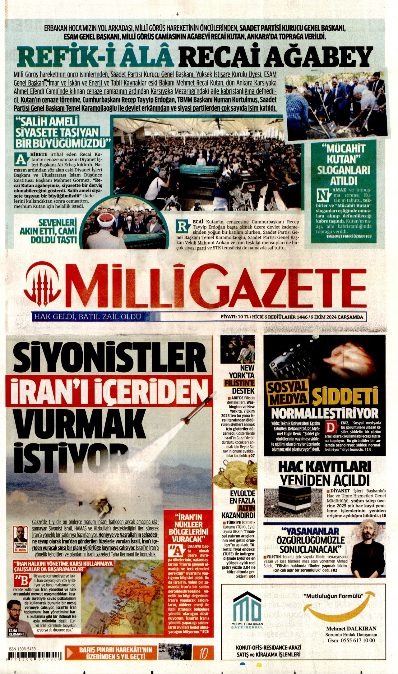 MİLLİ GAZETE gazetesinin 9 Ekim 2024 tarihli birinci sayfası