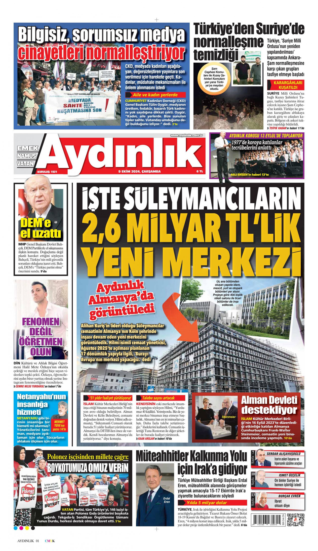 AYDINLIK GAZETESİ gazetesinin 9 Ekim 2024 tarihli birinci sayfası