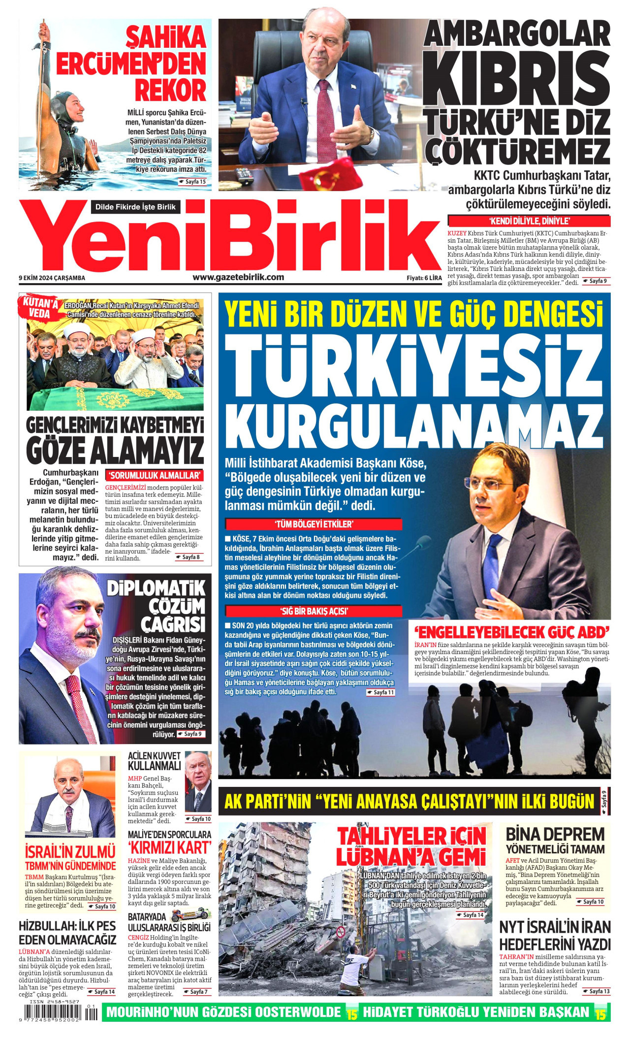 YENİBİRLİK gazetesinin 9 Ekim 2024 tarihli birinci sayfası