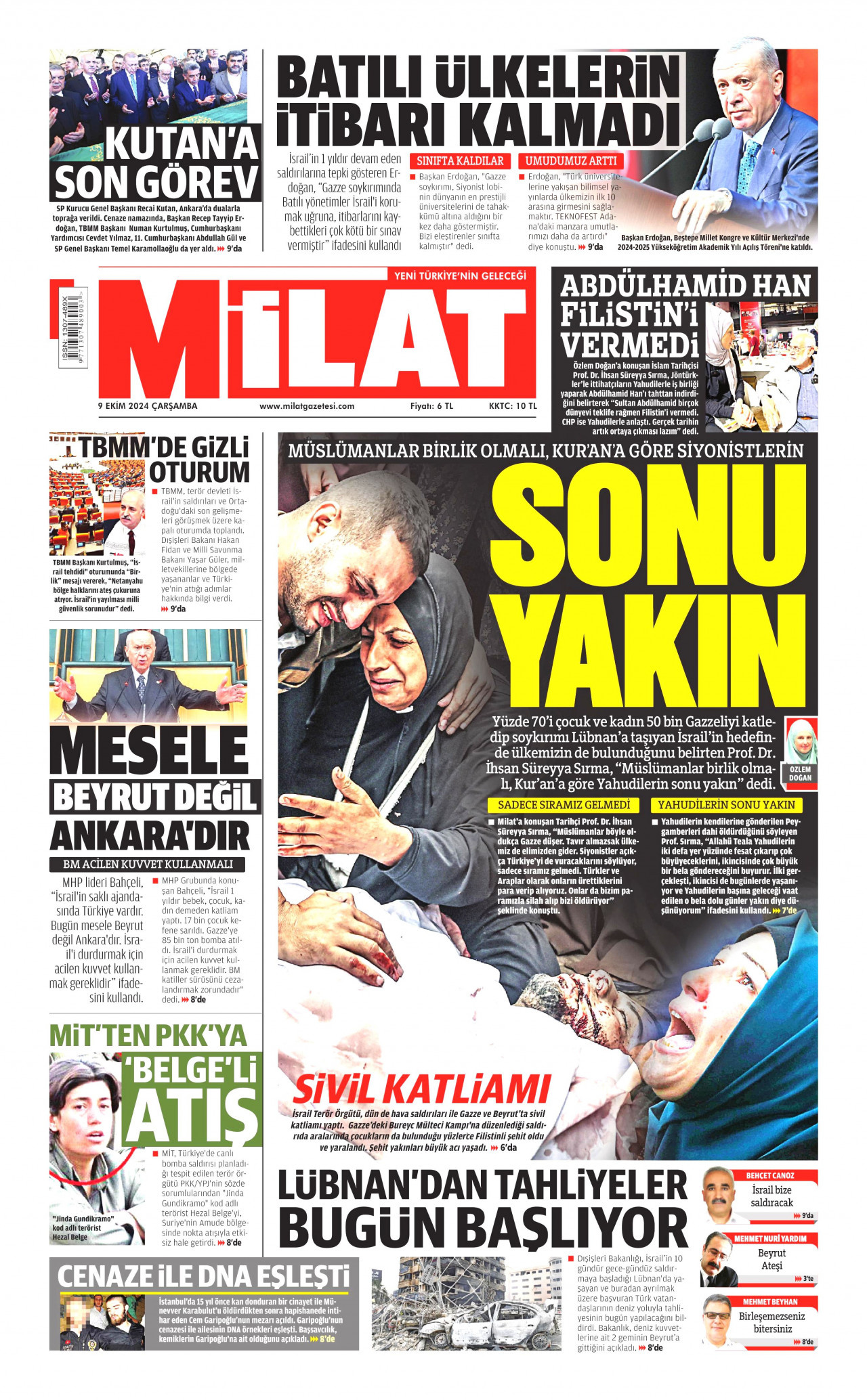 MİLAT gazetesinin 9 Ekim 2024 tarihli birinci sayfası