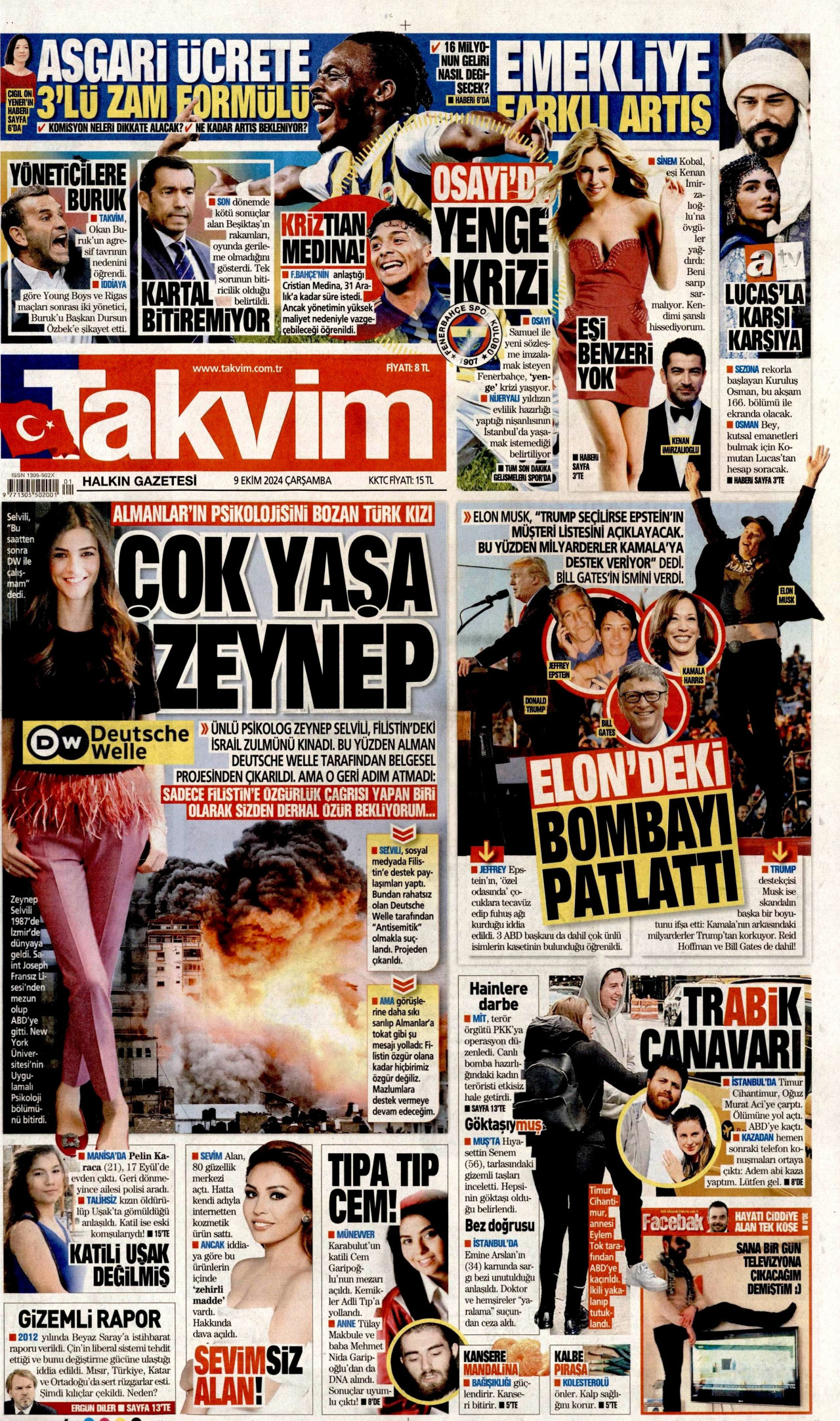 TAKVİM gazetesinin 9 Ekim 2024 tarihli birinci sayfası