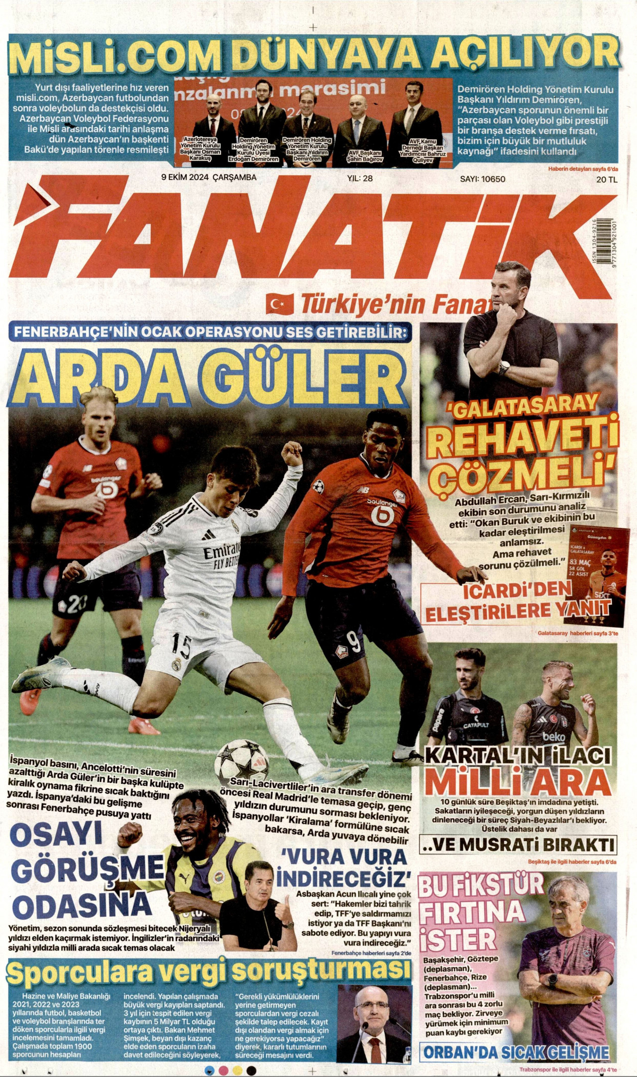 FANATİK gazetesinin 9 Ekim 2024 tarihli birinci sayfası