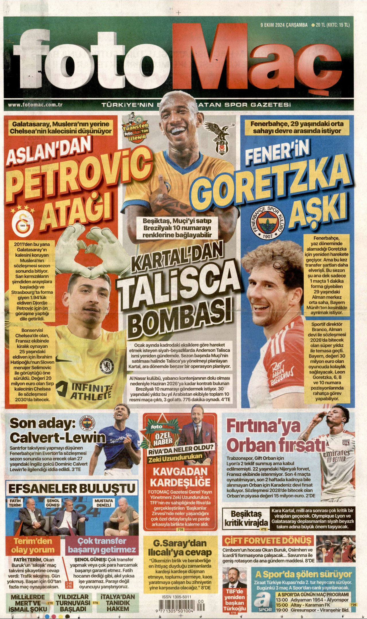 FOTOMAÇ gazetesinin 9 Ekim 2024 tarihli birinci sayfası