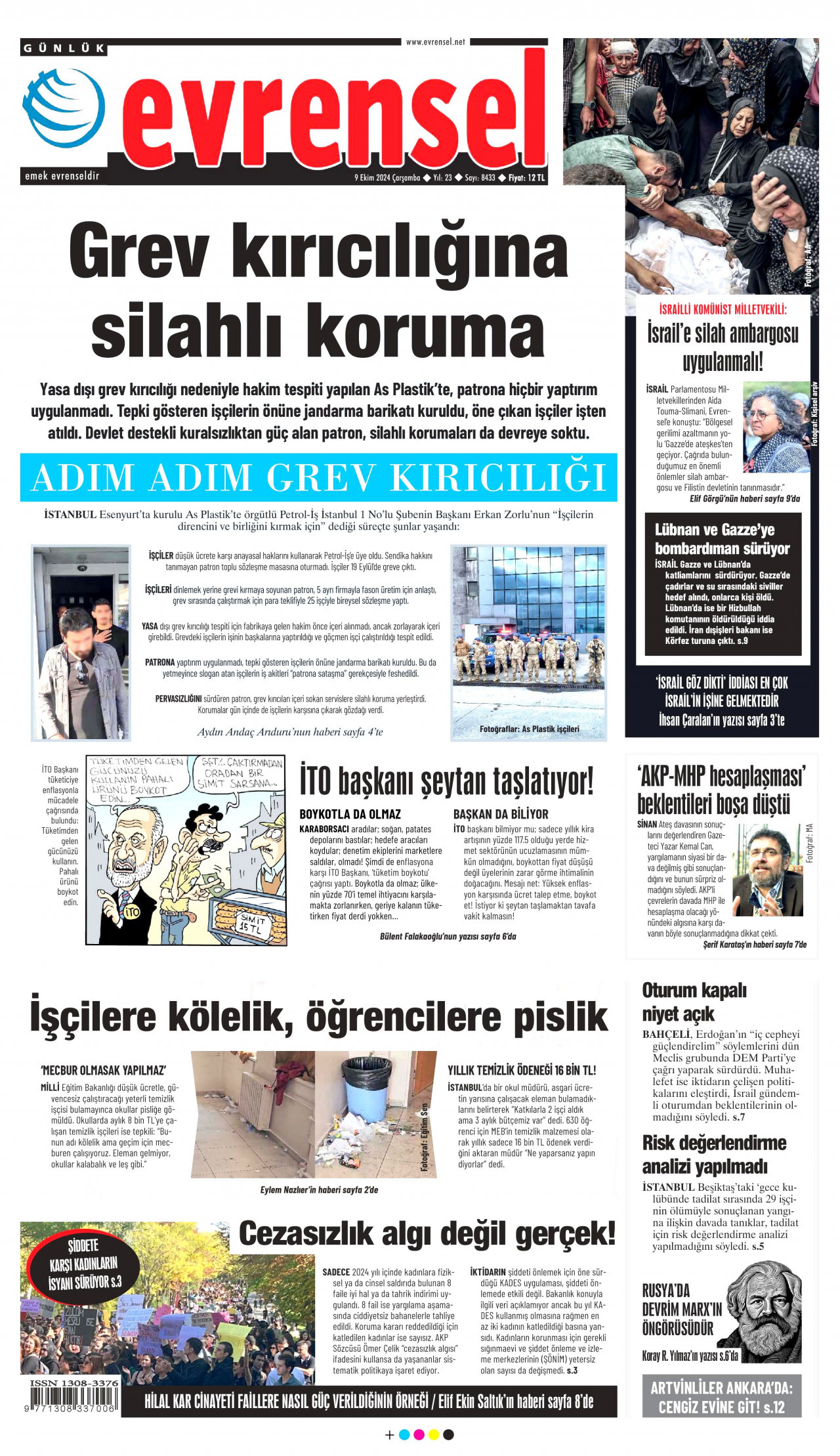 EVRENSEL gazetesinin 9 Ekim 2024 tarihli birinci sayfası