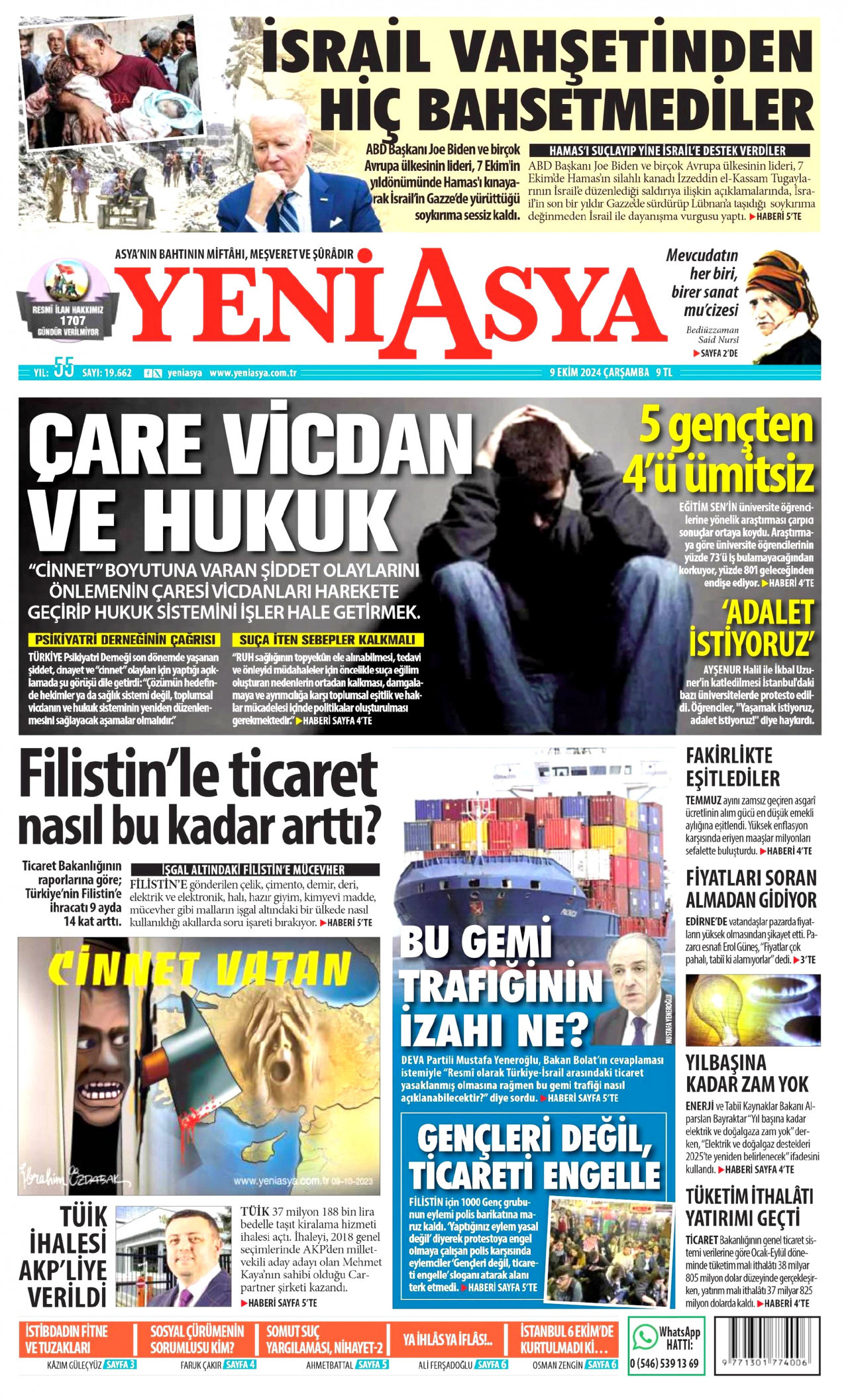 YENİ ASYA gazetesinin 9 Ekim 2024 tarihli birinci sayfası