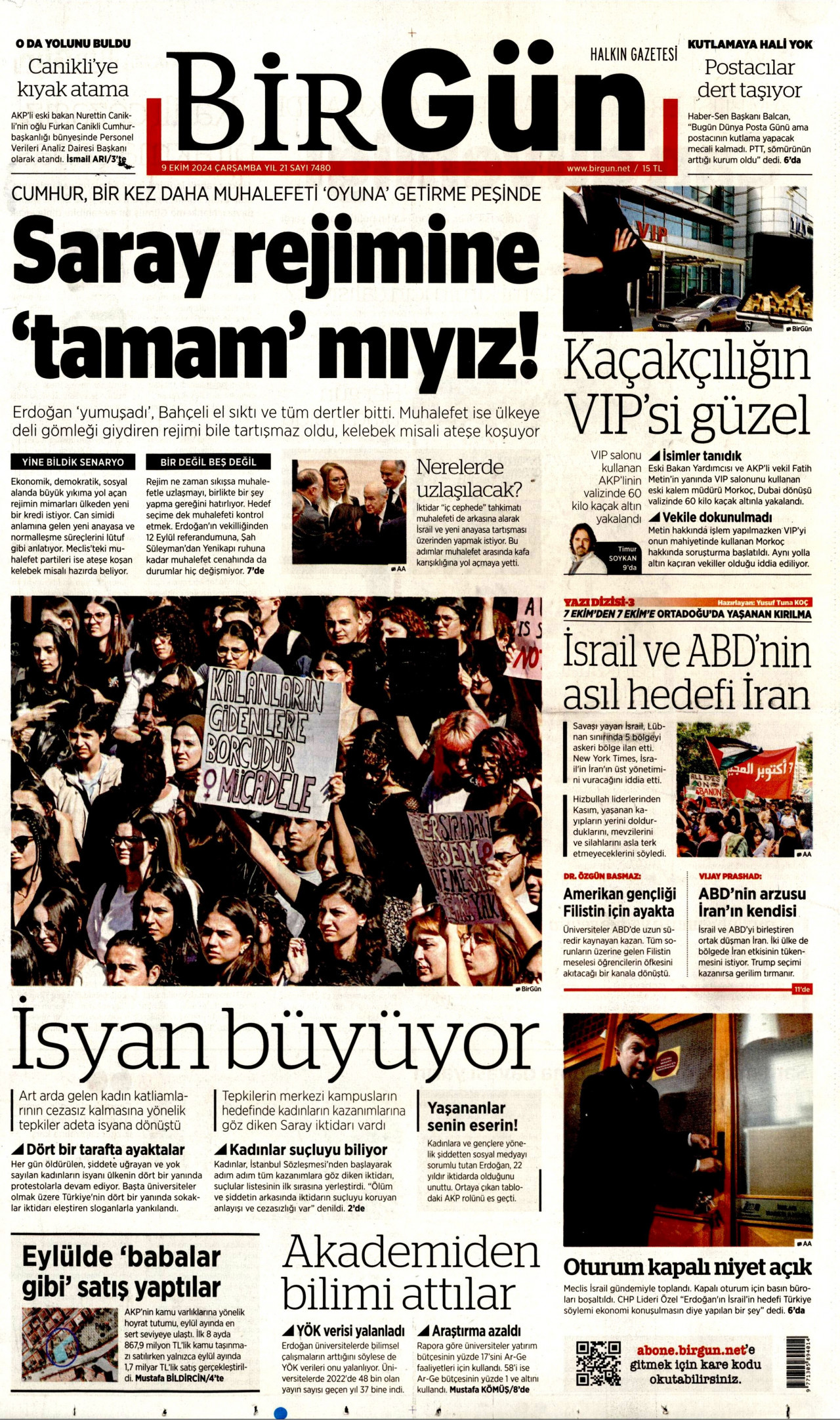 BİRGÜN gazetesinin 9 Ekim 2024 tarihli birinci sayfası