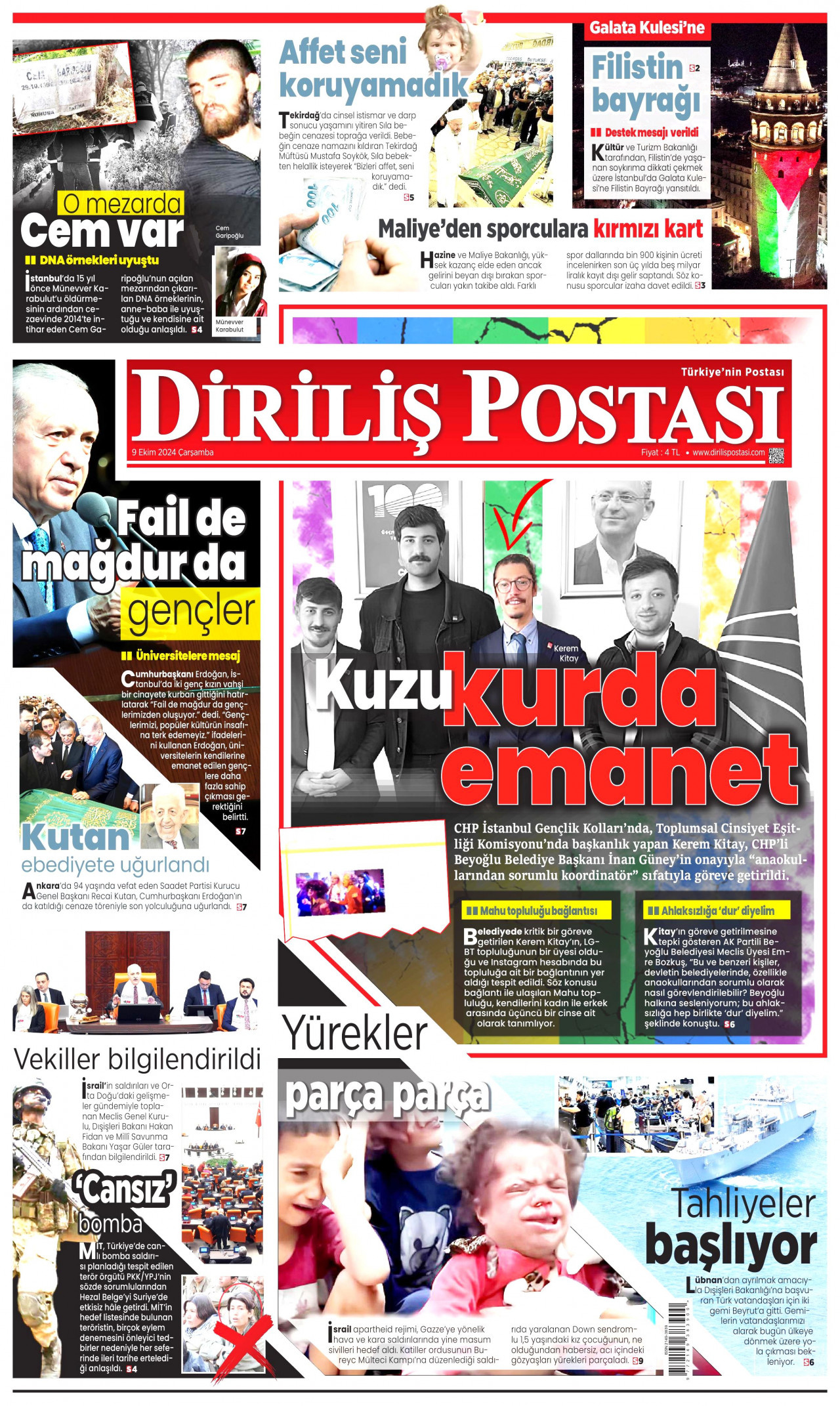 DİRİLİŞ POSTASI gazetesinin 9 Ekim 2024 tarihli birinci sayfası