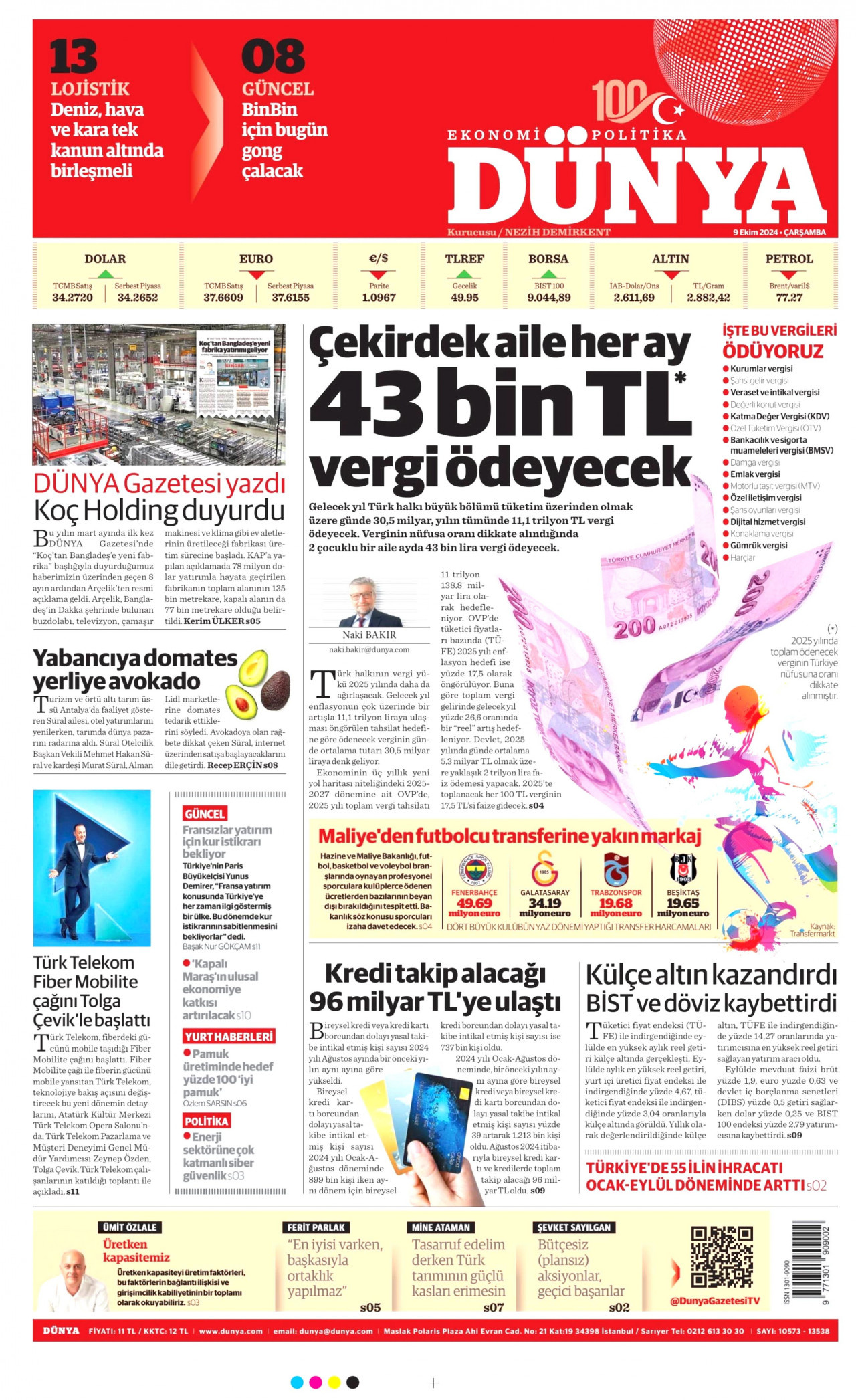 DÜNYA gazetesinin 9 Ekim 2024 tarihli birinci sayfası