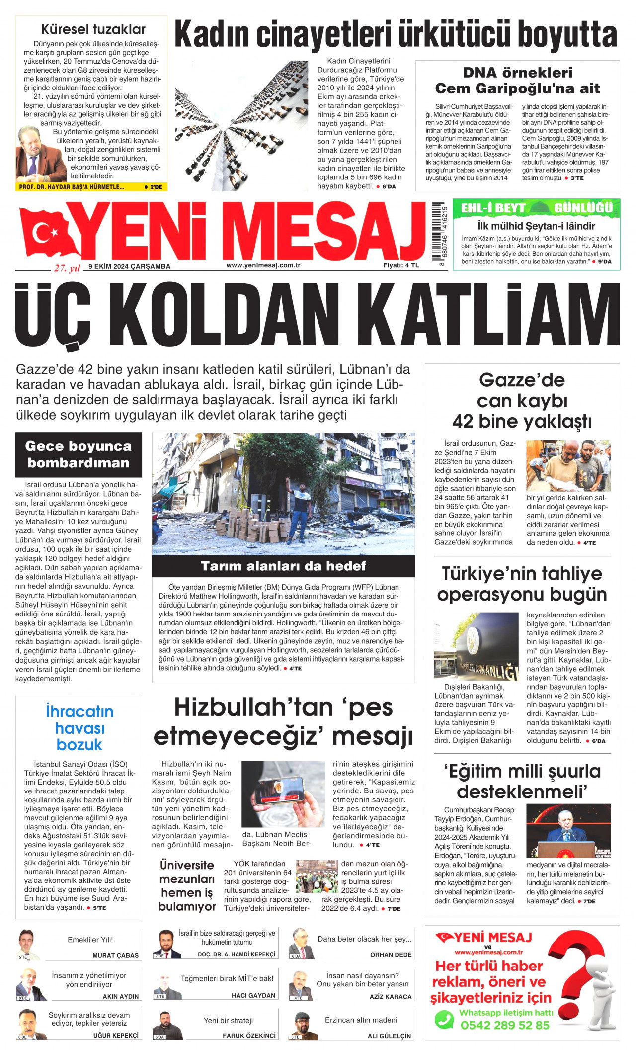 YENİ MESAJ gazetesinin 9 Ekim 2024 tarihli birinci sayfası