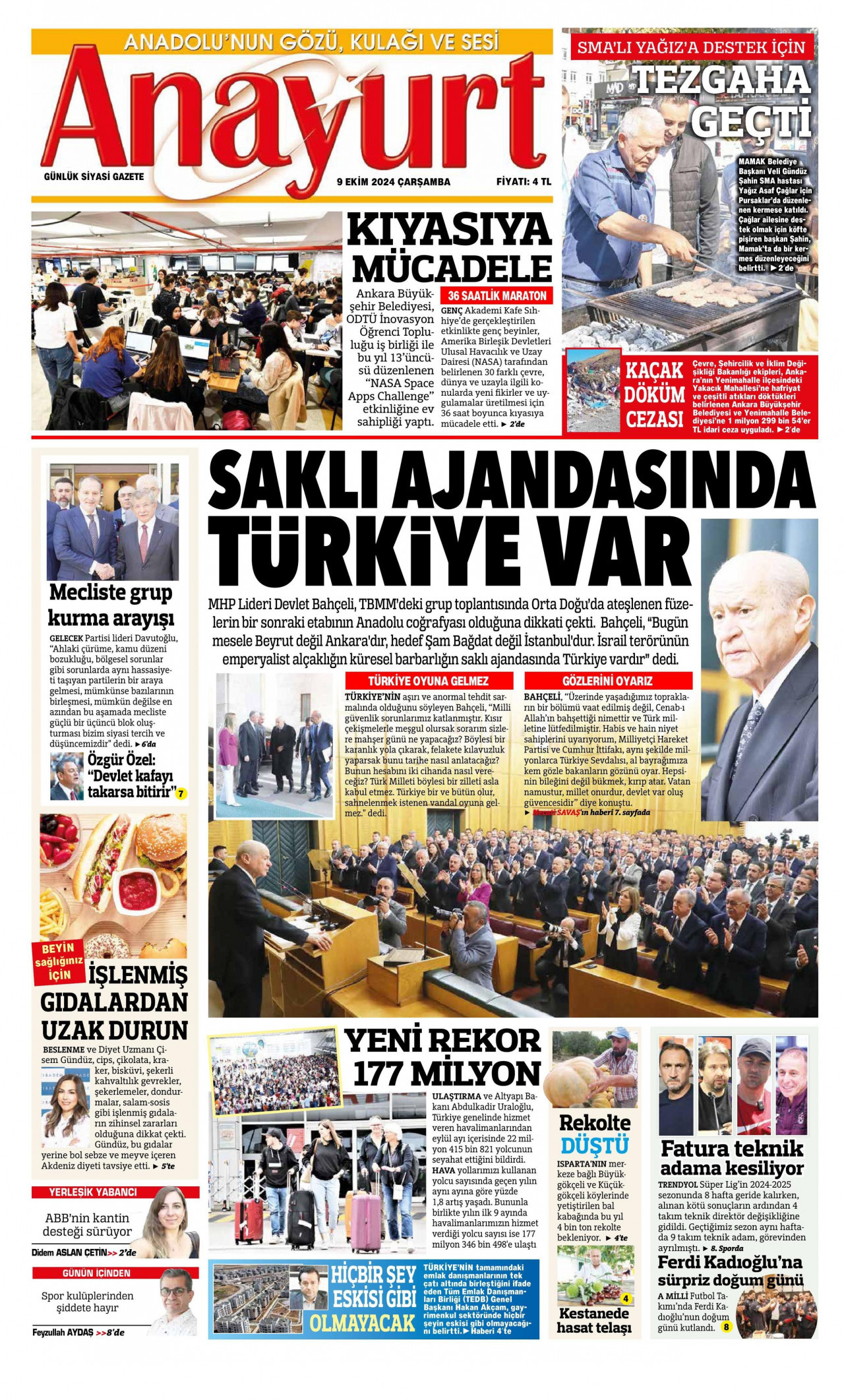 ANAYURT gazetesinin 9 Ekim 2024 tarihli birinci sayfası