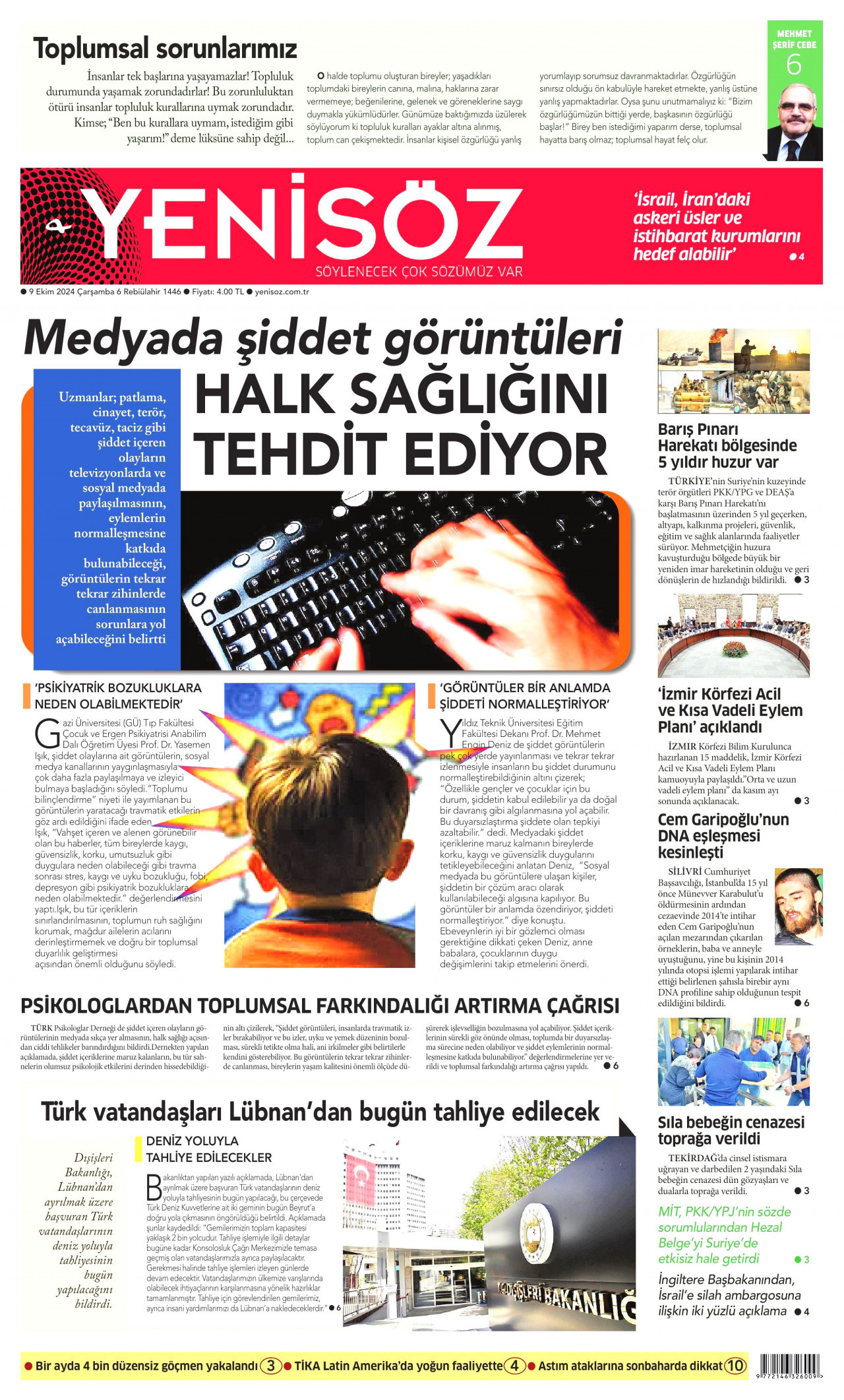 YENİ SÖZ GAZETESİ gazetesinin 9 Ekim 2024 tarihli birinci sayfası