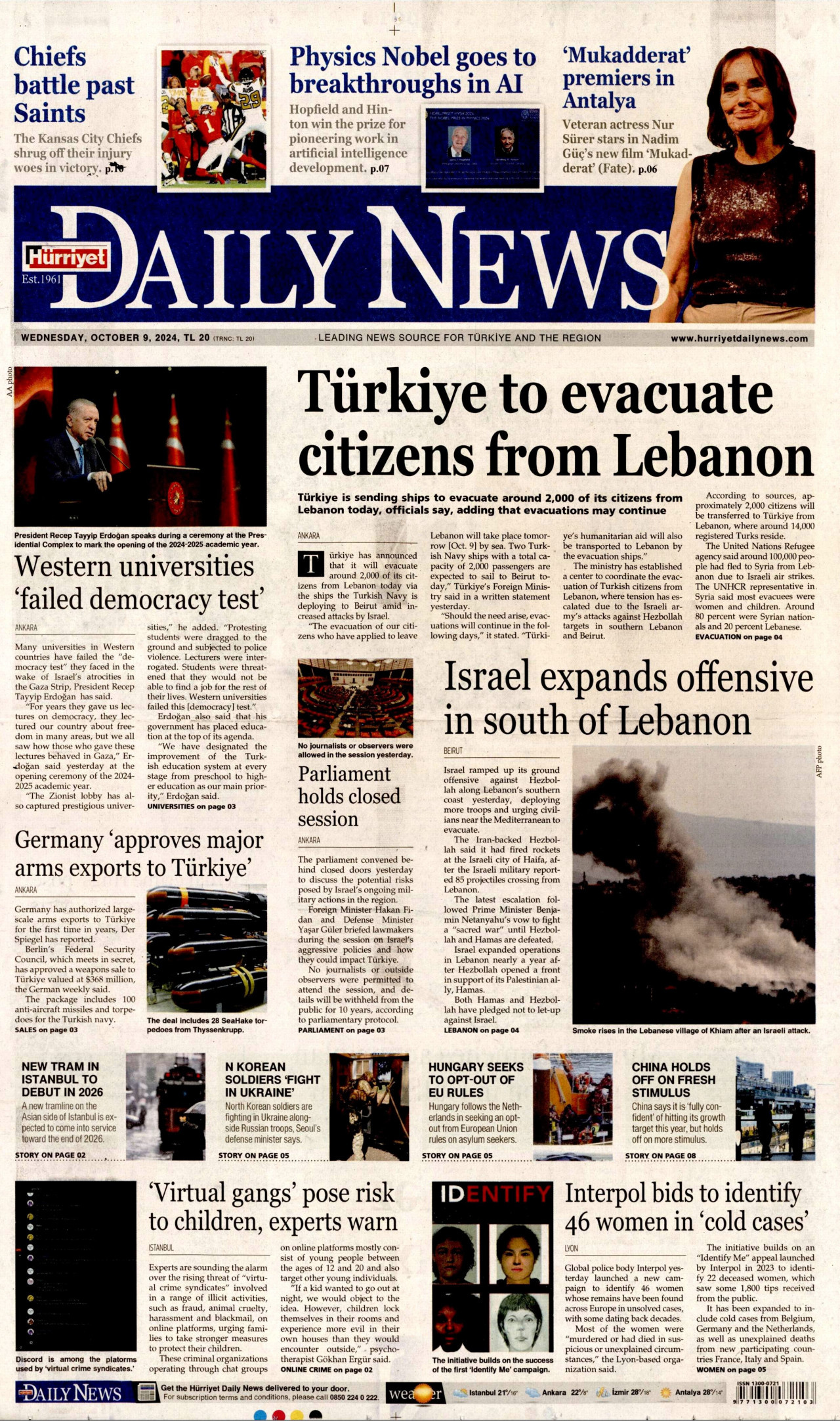 HÜRRİYET DAİLY NEWS gazetesinin 9 Ekim 2024 tarihli birinci sayfası