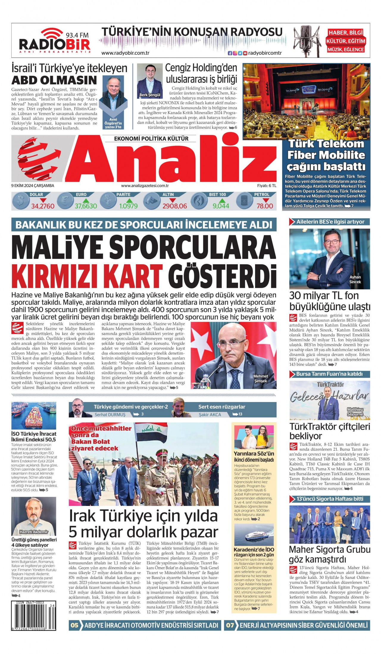 ANALİZ gazetesinin 9 Ekim 2024 tarihli birinci sayfası