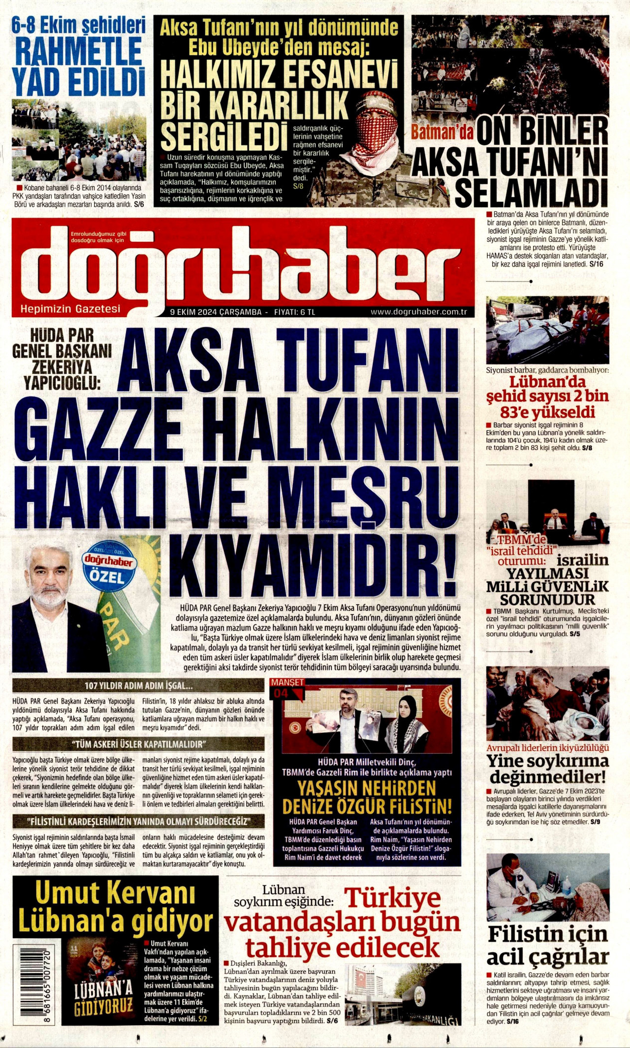 DOĞRU HABER gazetesinin 9 Ekim 2024 tarihli birinci sayfası