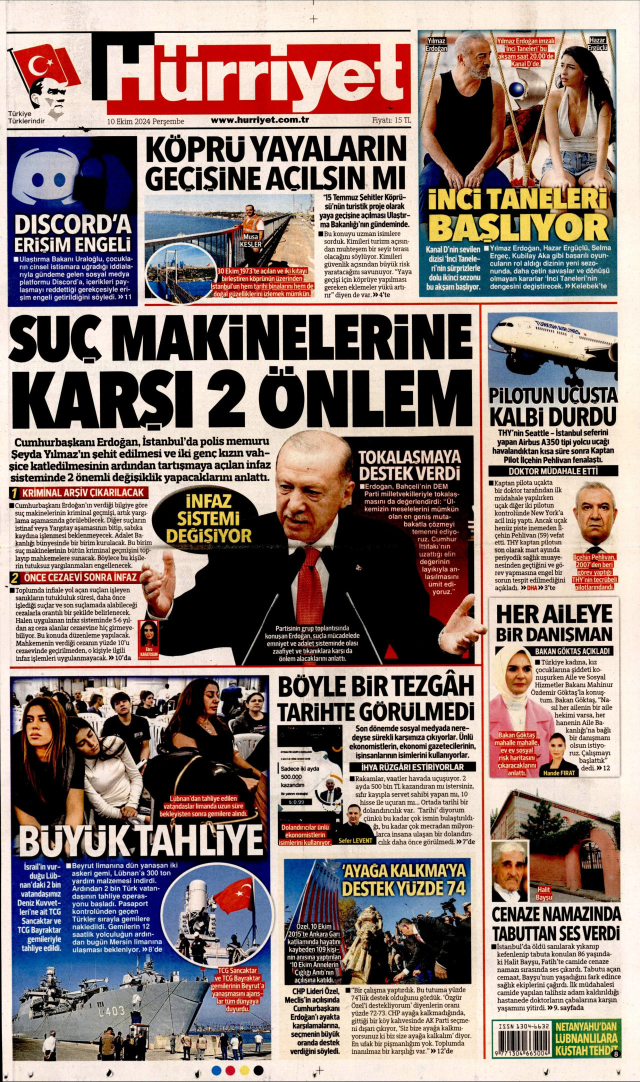 HÜRRİYET gazetesinin 10 Ekim 2024 tarihli birinci sayfası