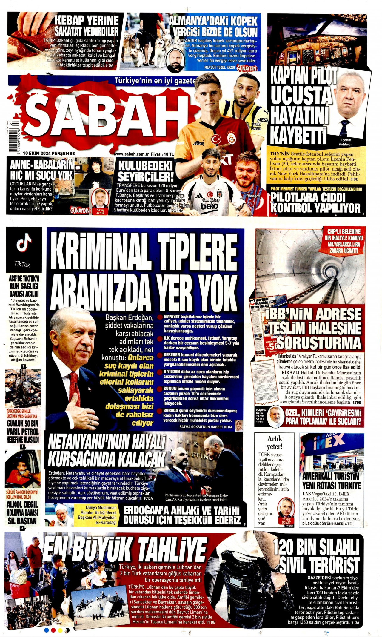 SABAH gazetesinin 10 Ekim 2024 tarihli birinci sayfası