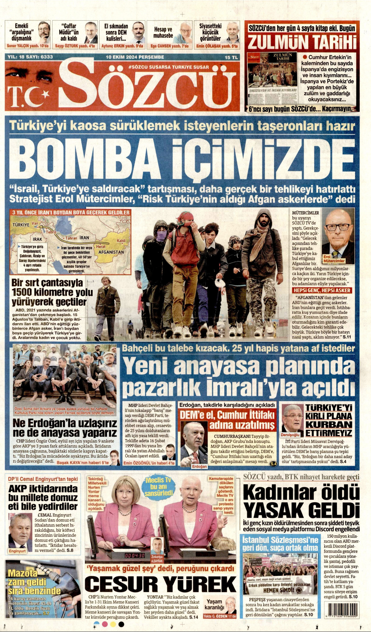 SÖZCÜ gazetesinin 10 Ekim 2024 tarihli birinci sayfası