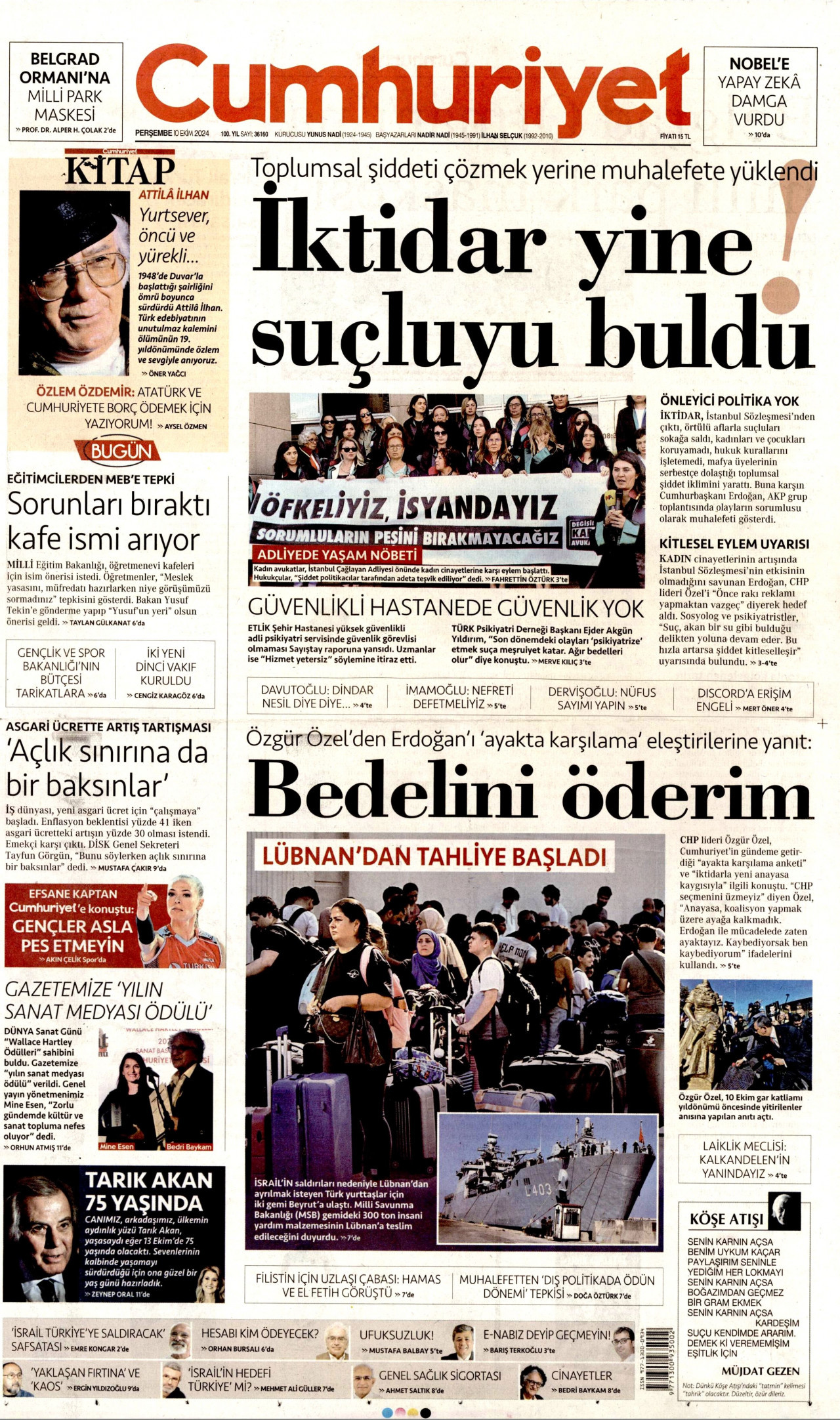 CUMHURİYET gazetesinin 10 Ekim 2024 tarihli birinci sayfası