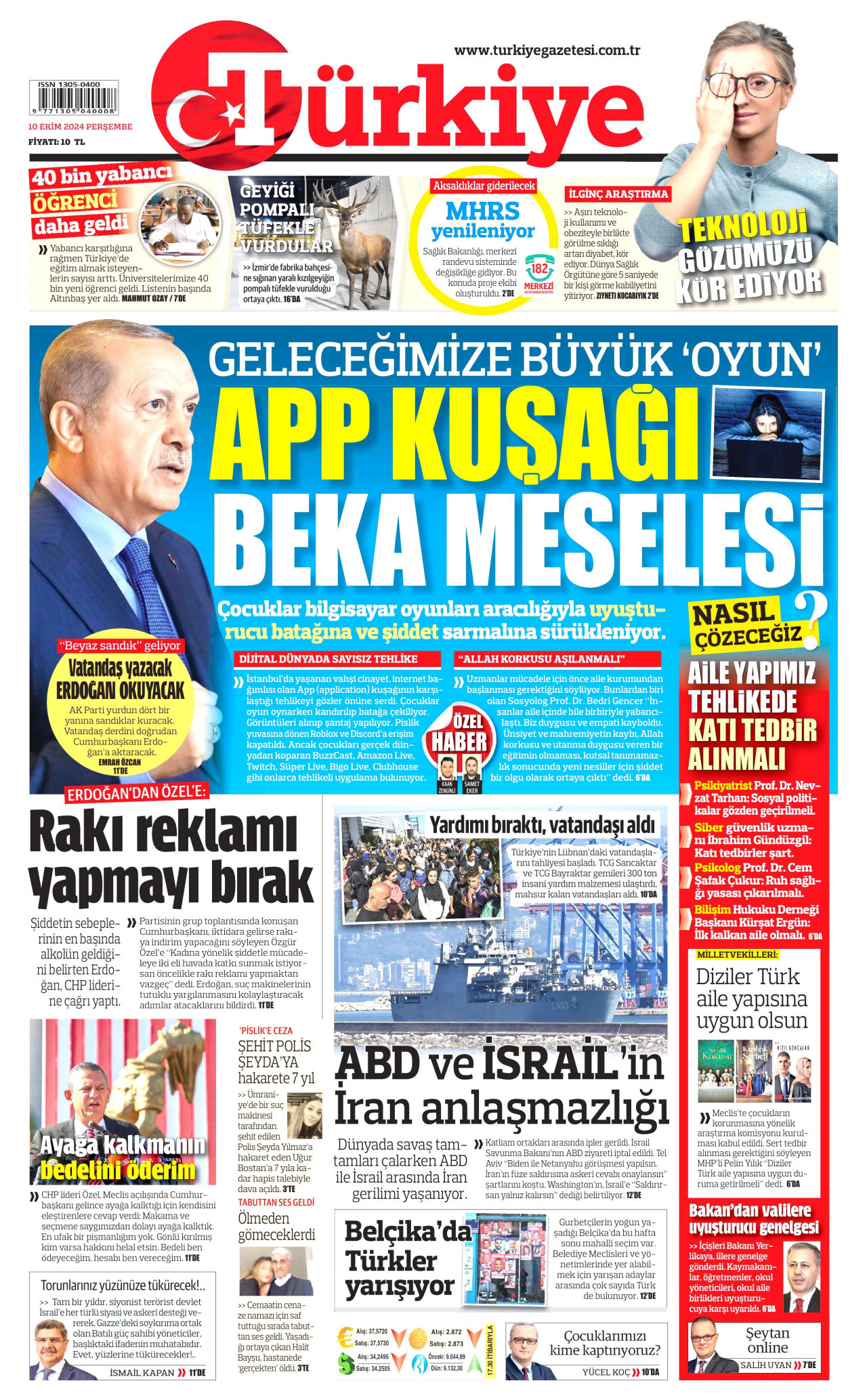 TÜRKİYE GAZETESİ gazetesinin 10 Ekim 2024 tarihli birinci sayfası
