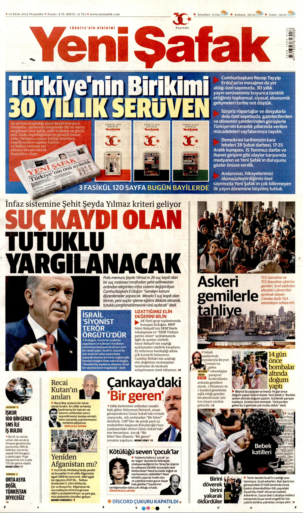 YENİ ŞAFAK gazetesinin 10 Ekim 2024 tarihli birinci sayfası