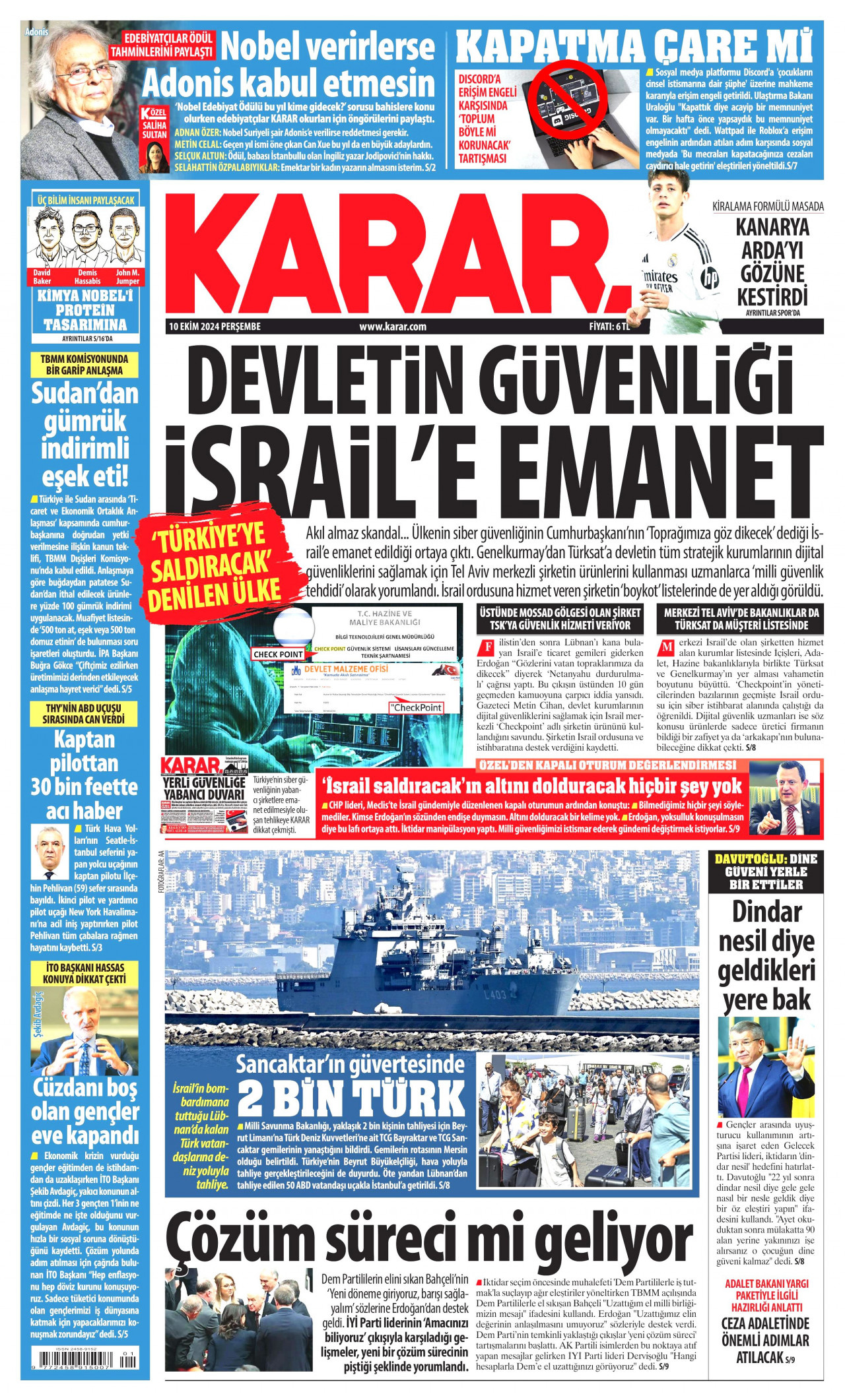 KARAR gazetesinin 10 Ekim 2024 tarihli birinci sayfası