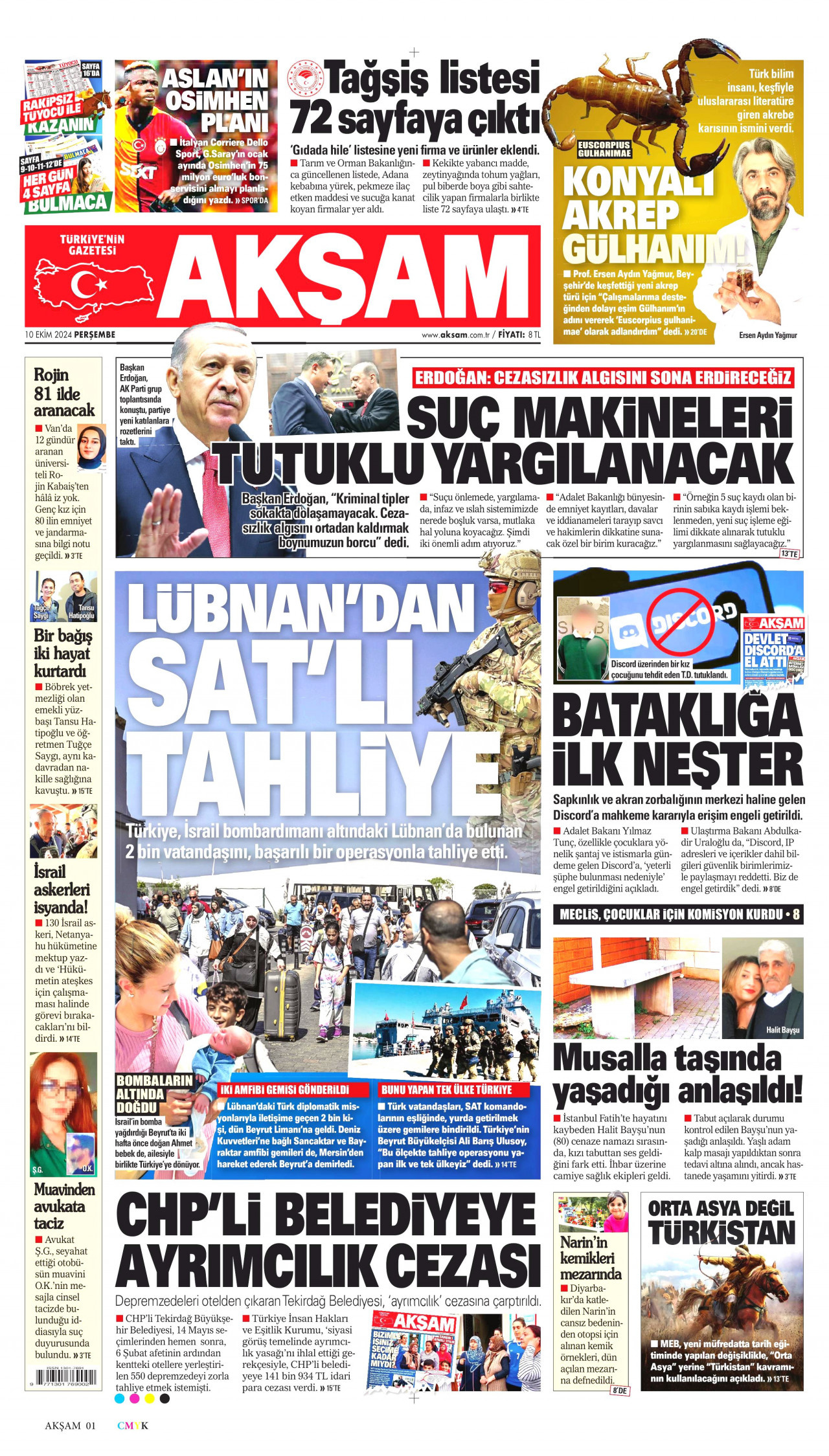 AKŞAM gazetesinin 10 Ekim 2024 tarihli birinci sayfası