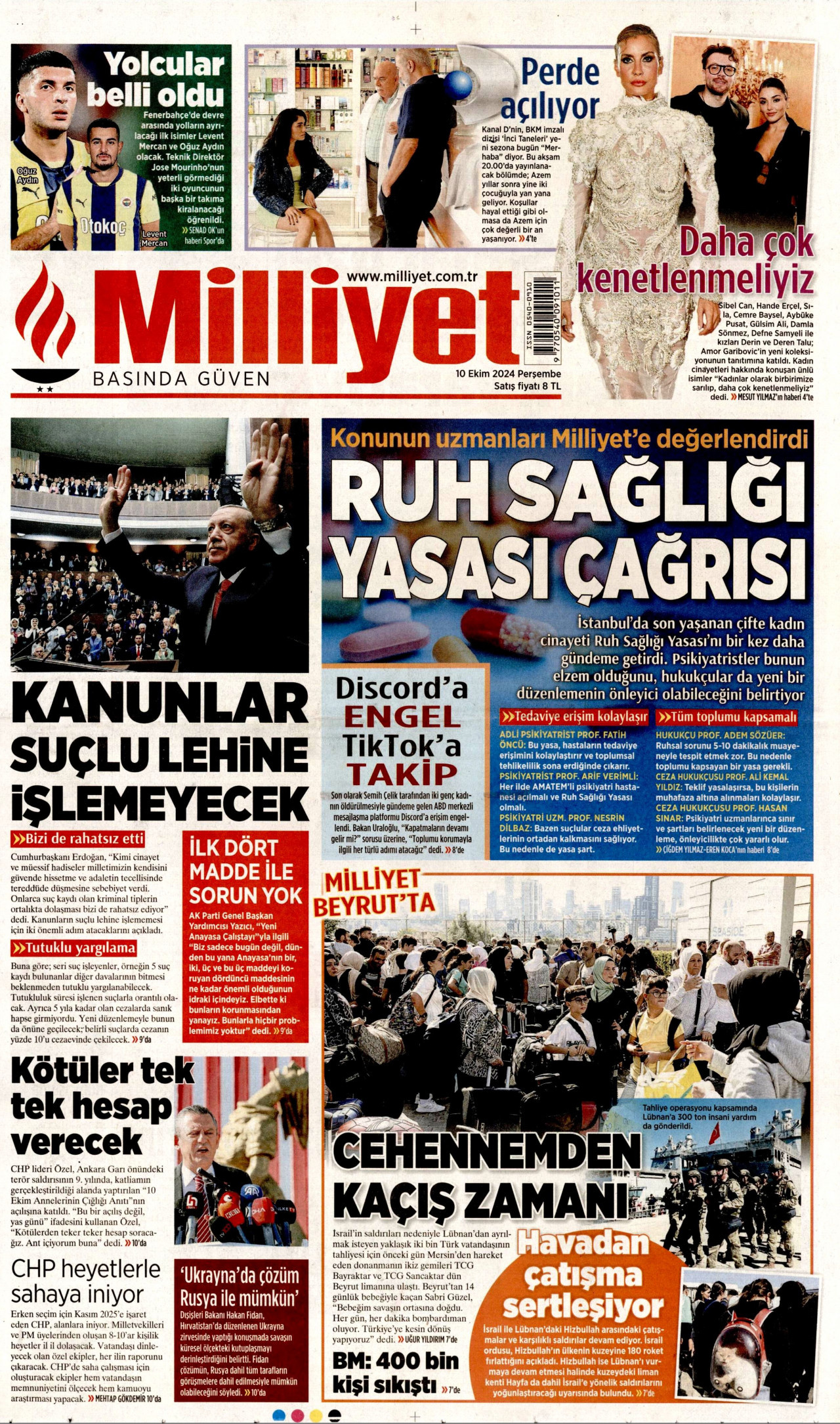 MİLLİYET gazetesinin 10 Ekim 2024 tarihli birinci sayfası