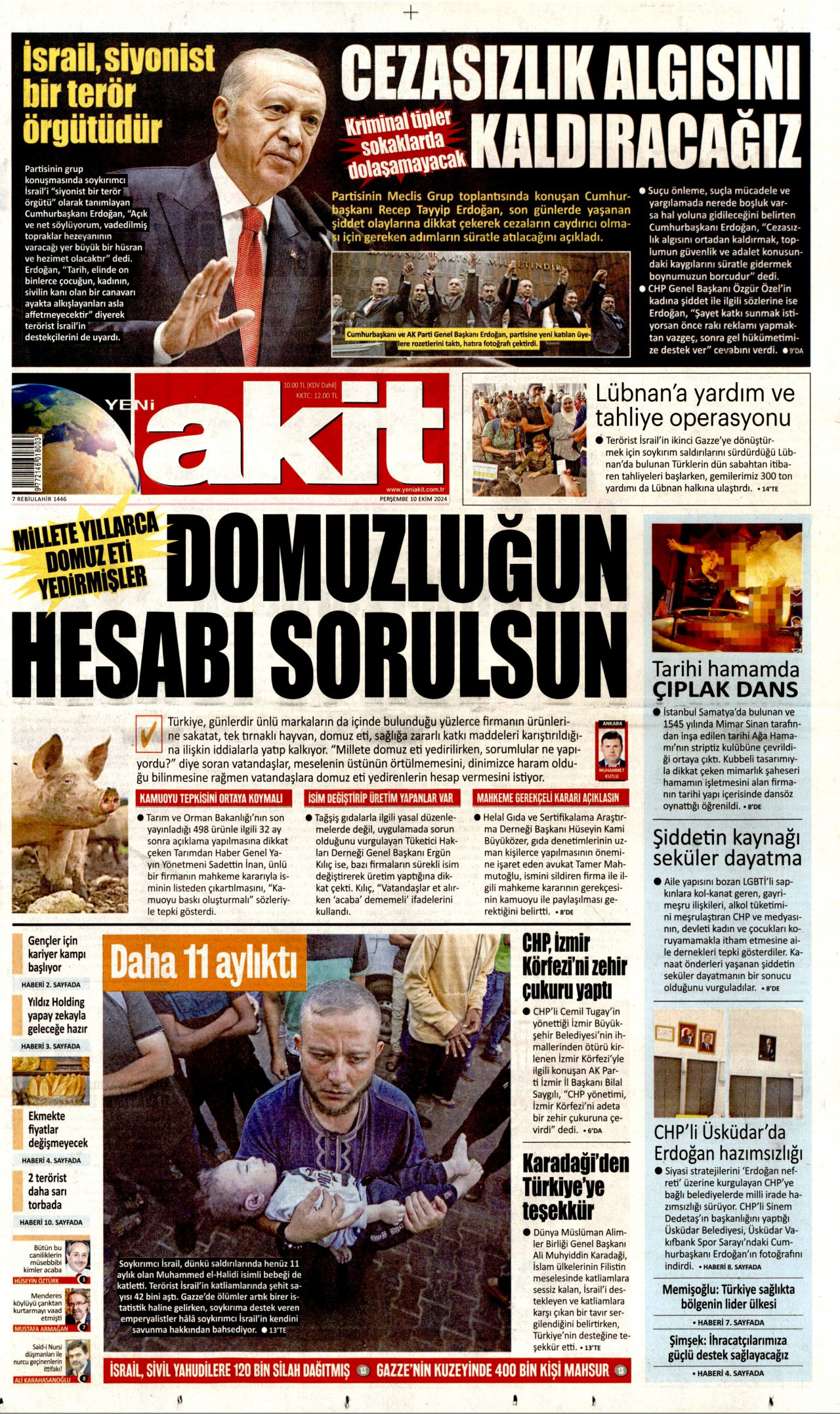 YENİ AKİT gazetesinin 10 Ekim 2024 tarihli birinci sayfası