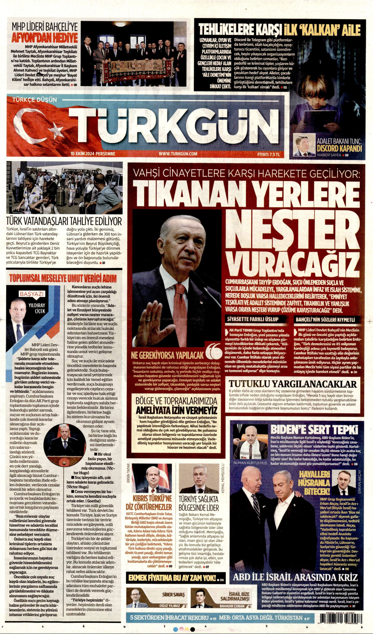 TÜRKGÜN gazetesinin 10 Ekim 2024 tarihli birinci sayfası