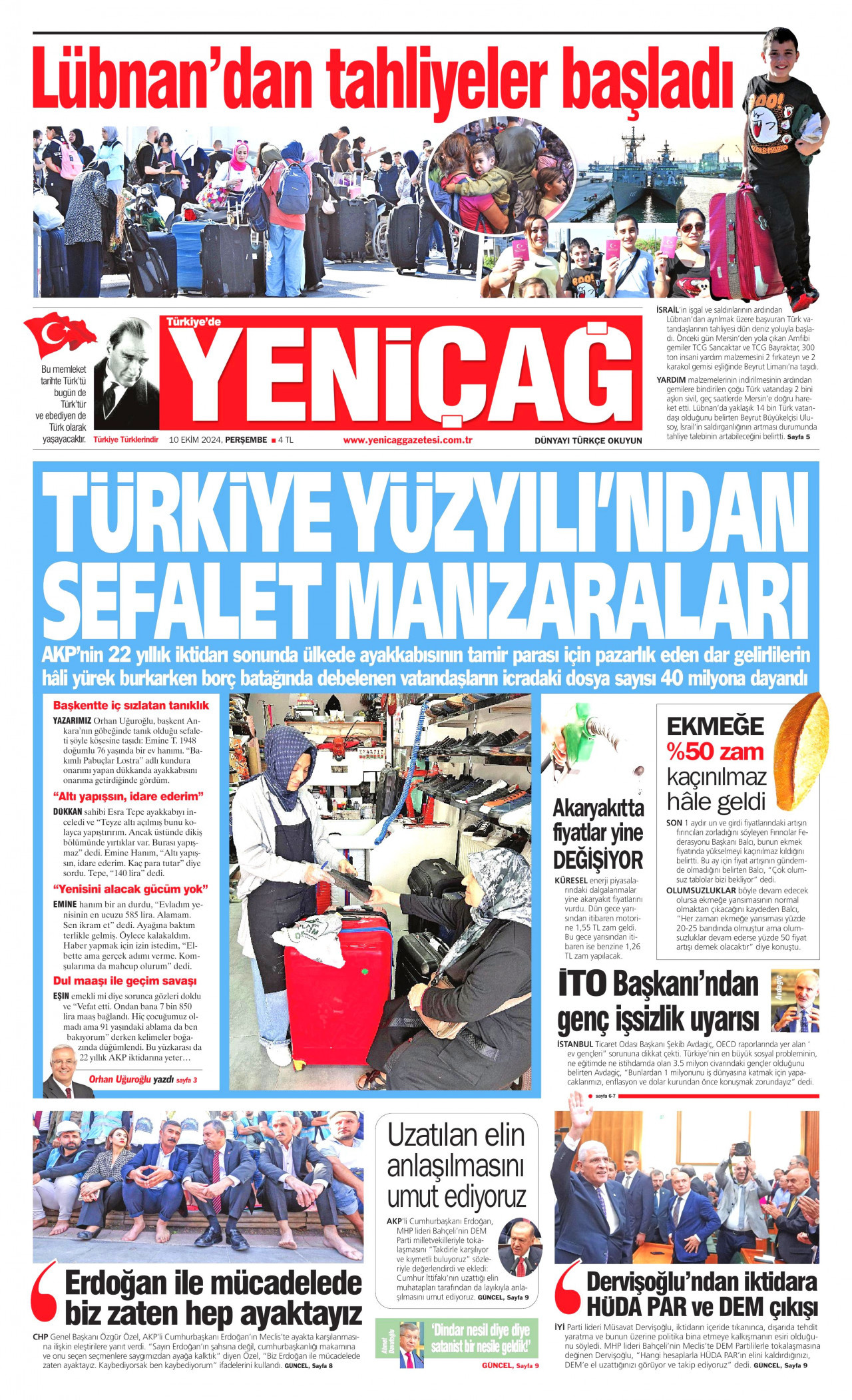 YENİÇAĞ gazetesinin 10 Ekim 2024 tarihli birinci sayfası