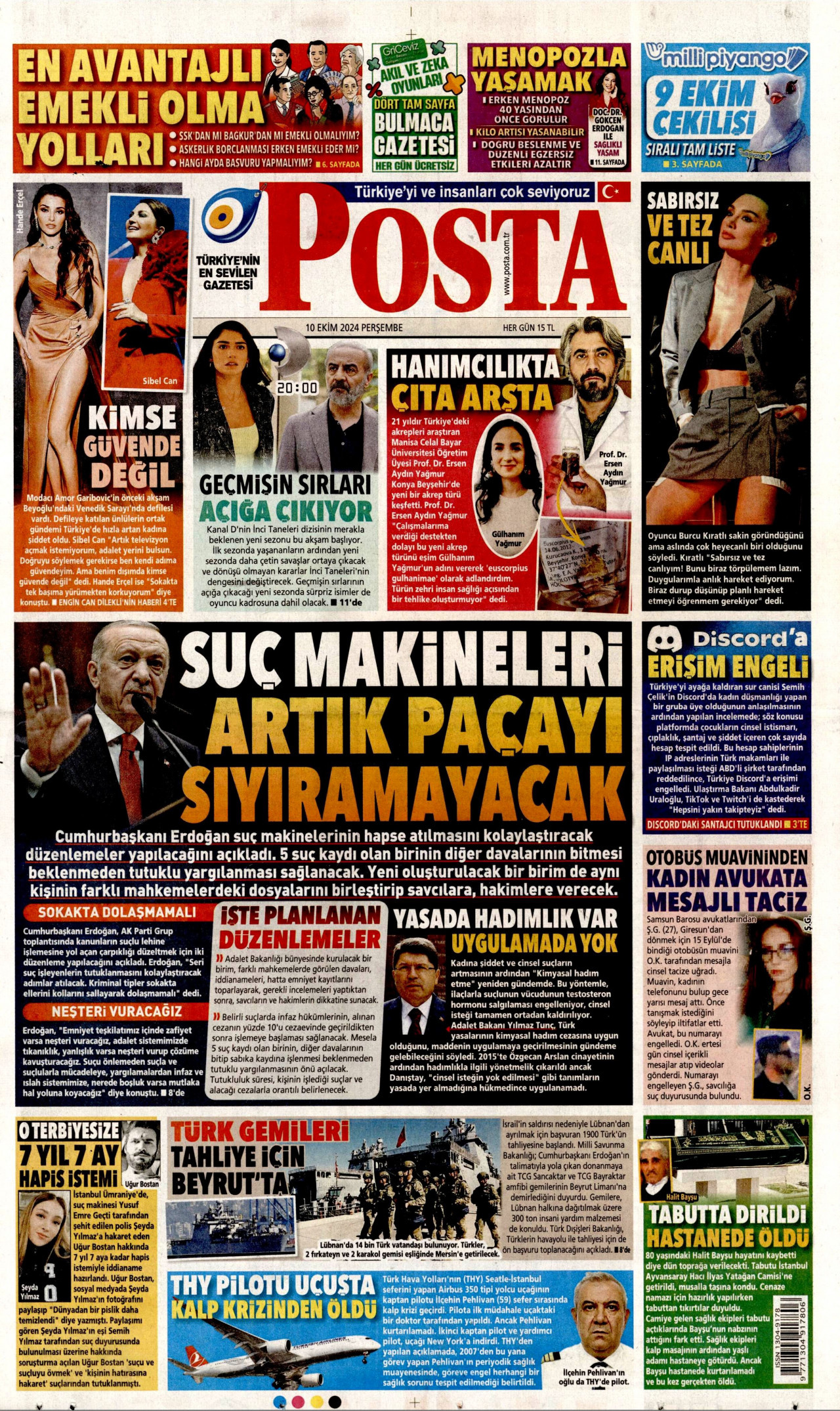 POSTA gazetesinin 10 Ekim 2024 tarihli birinci sayfası