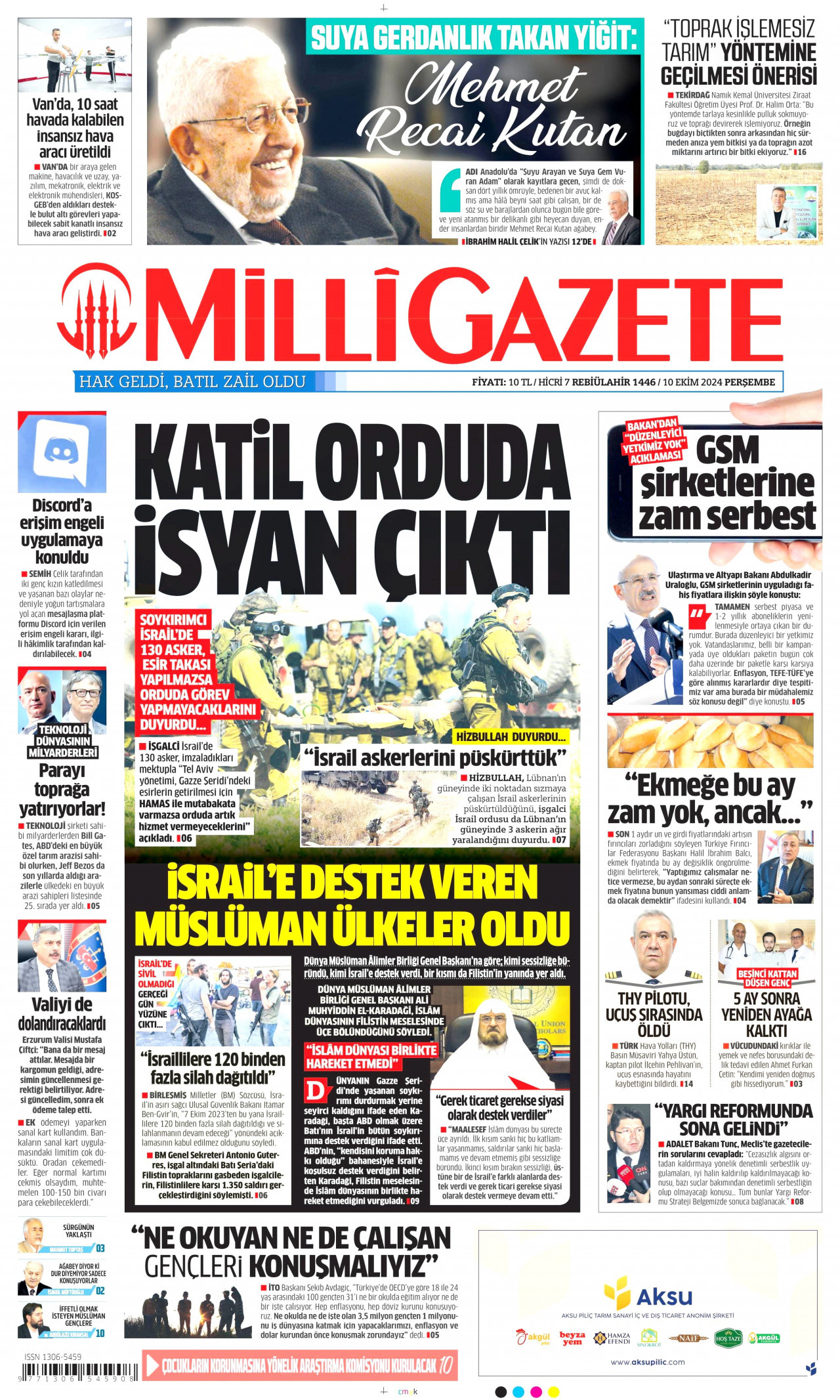 MİLLİ GAZETE gazetesinin 10 Ekim 2024 tarihli birinci sayfası