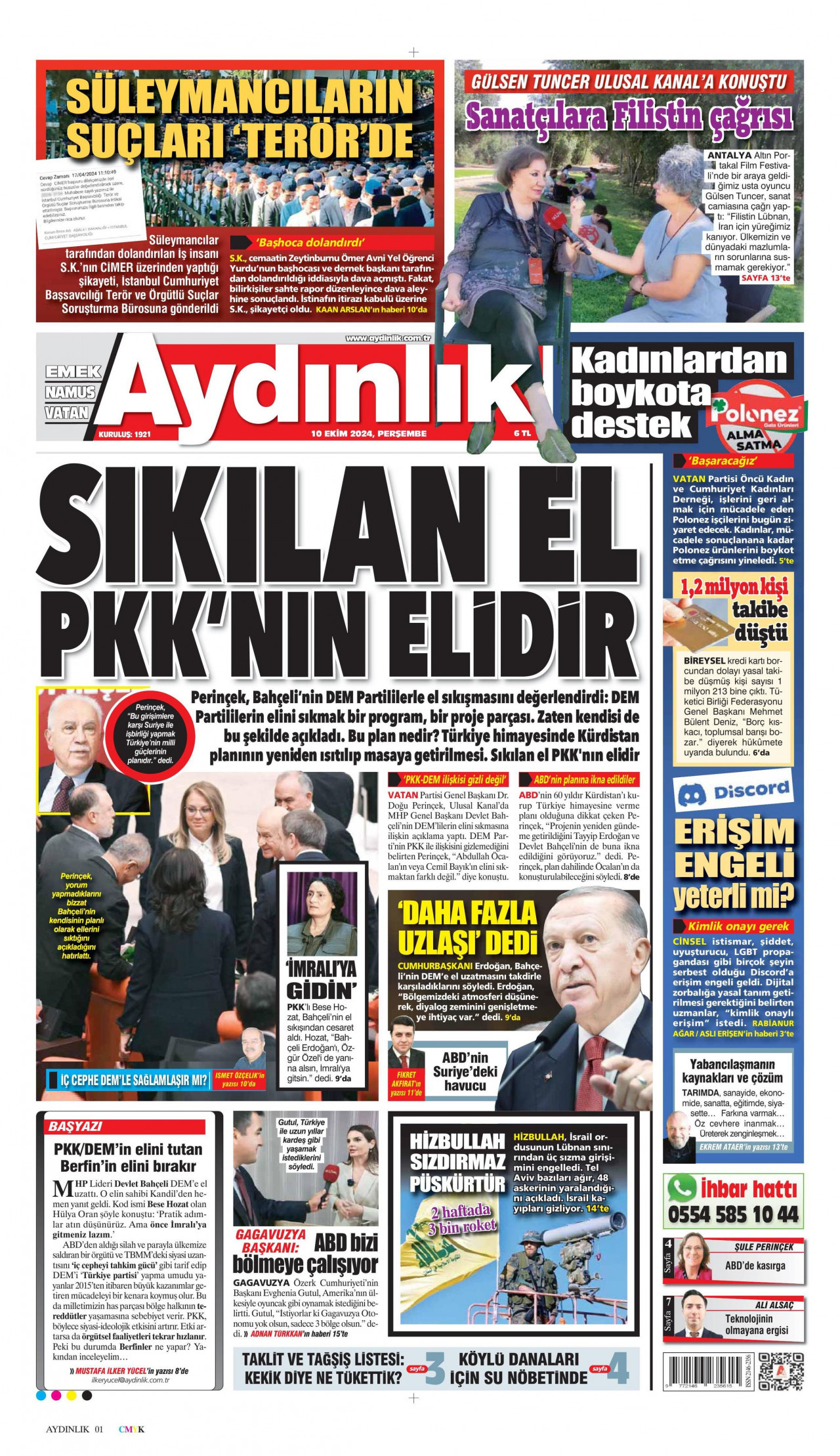 AYDINLIK GAZETESİ gazetesinin 10 Ekim 2024 tarihli birinci sayfası