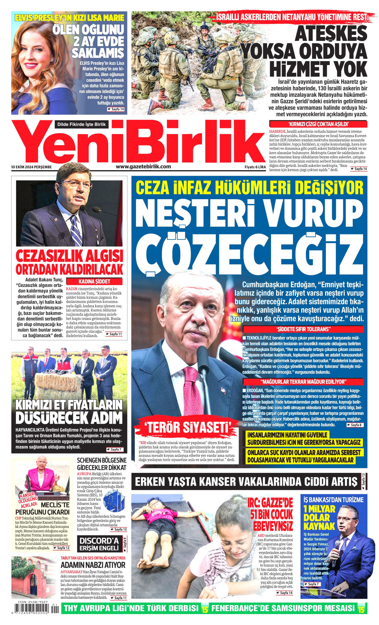 YENİBİRLİK gazetesinin 10 Ekim 2024 tarihli birinci sayfası