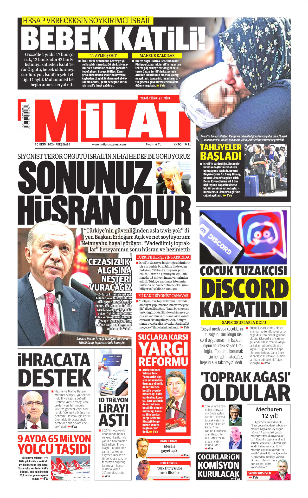 MİLAT gazetesinin 10 Ekim 2024 tarihli birinci sayfası