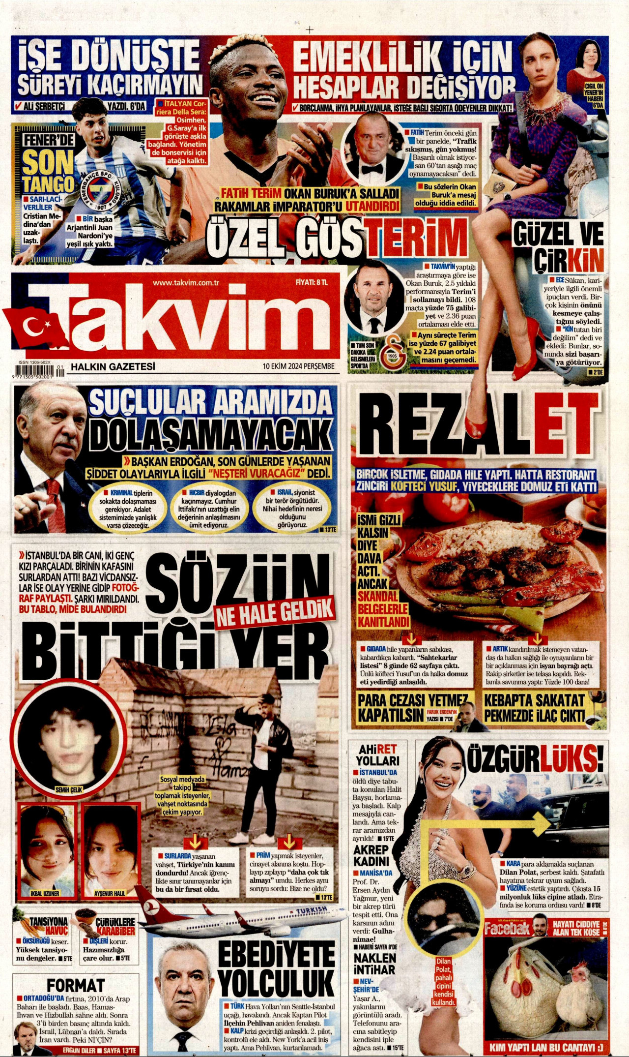 TAKVİM gazetesinin 10 Ekim 2024 tarihli birinci sayfası
